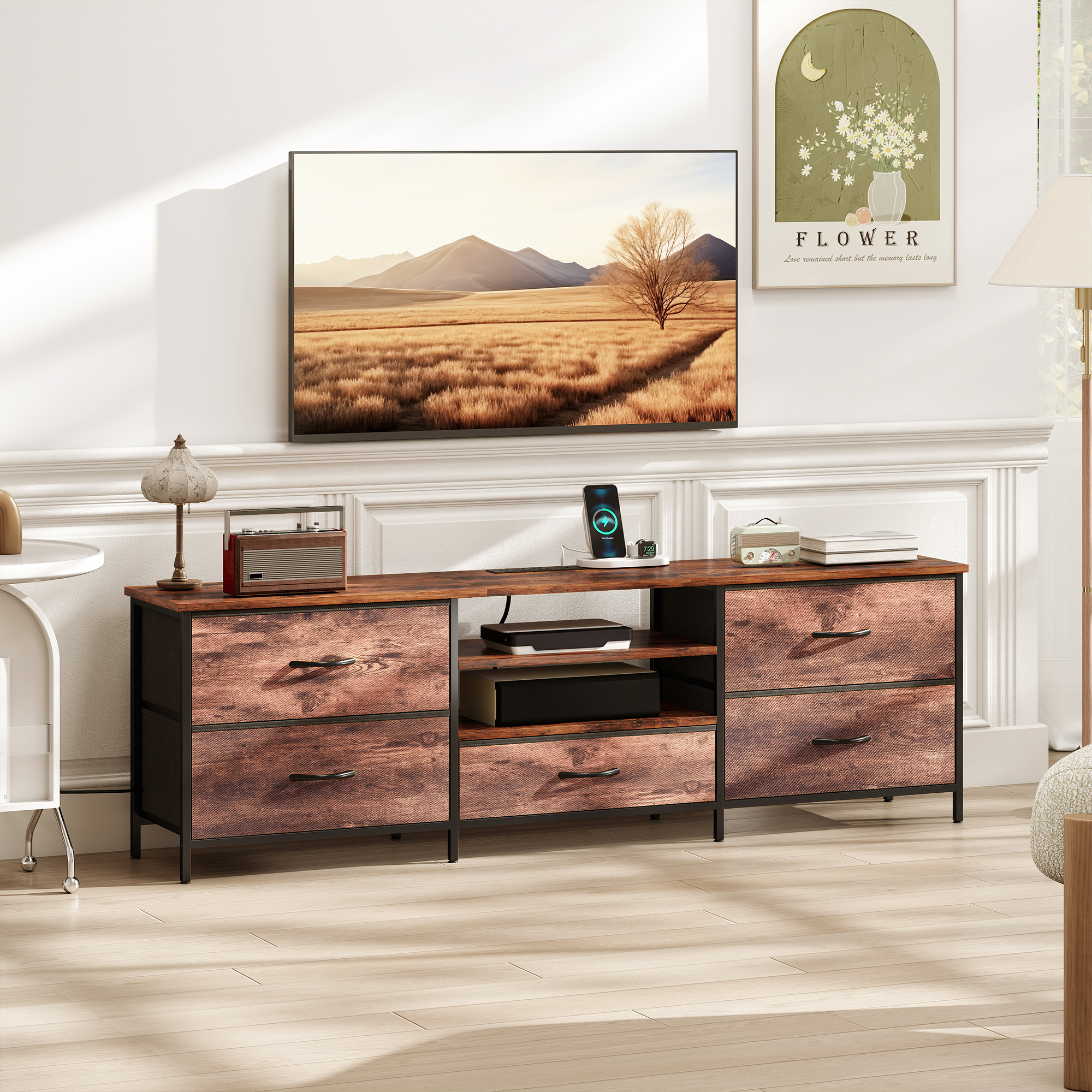 HOMCOM TV Stand for TVs up to 70 Inch, Industrial TV Console with Charging Station, 5 Drawers and Open Shelves, Rustic Brown Aosom Canada