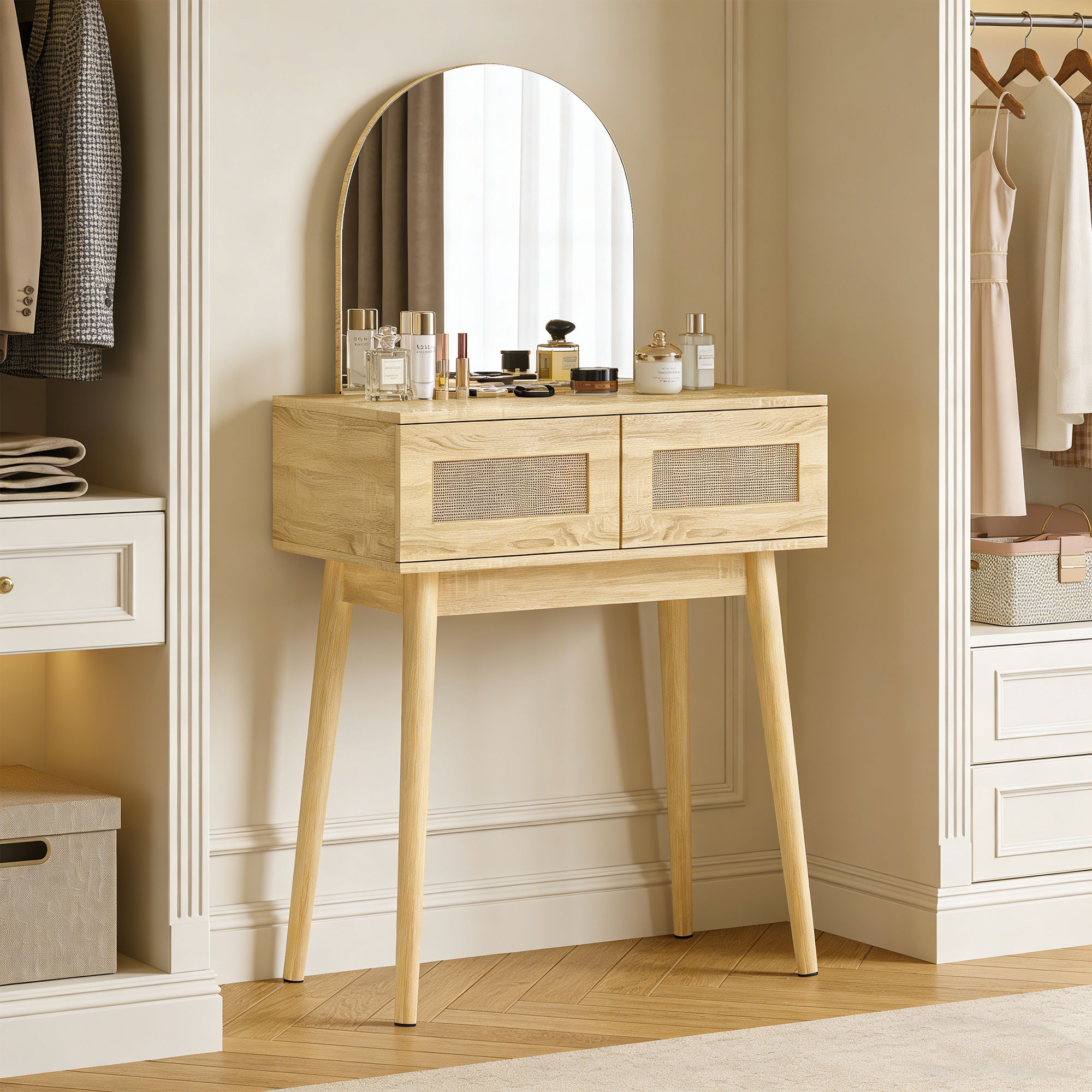 HOMCOM Vanity Desk, Makeup Vanity with with Mirror and 2 Drawers, Natural Wood Aosom Canada