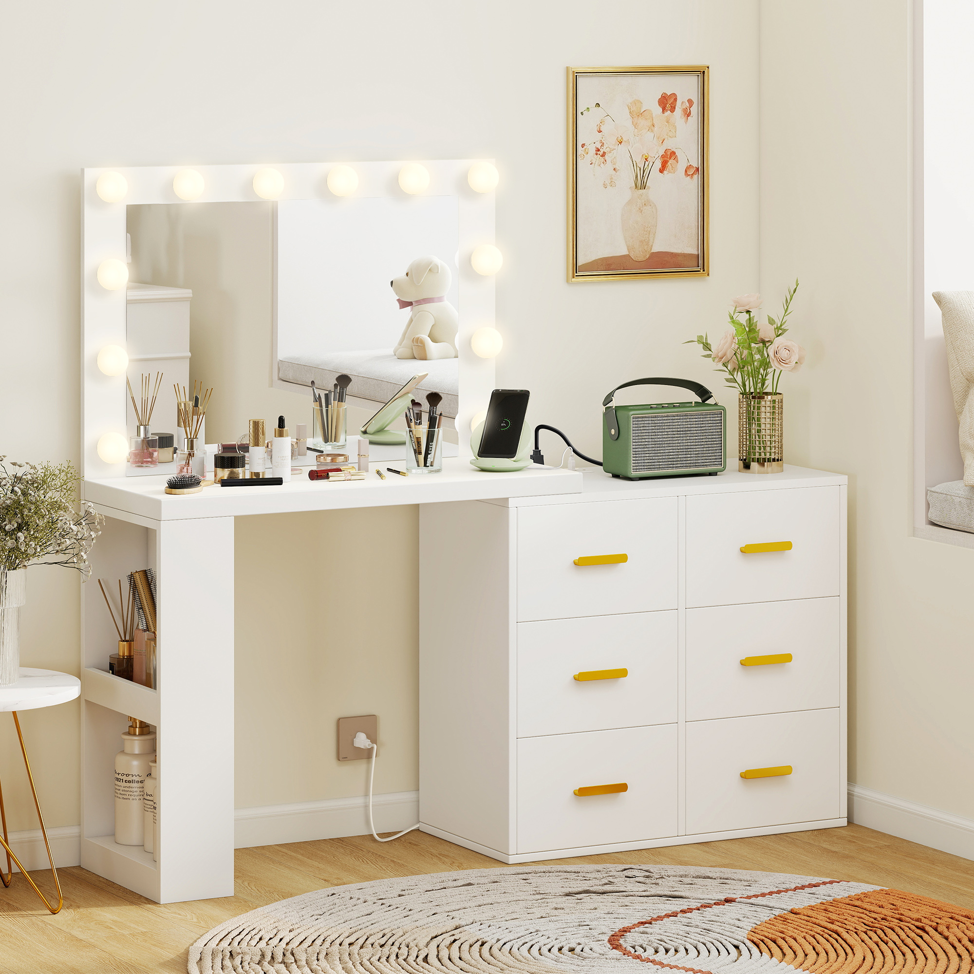 HOMCOM Vanity Desk with Mirror and 12 LED Lights, Makeup Table w/ Power Outlet, 3 Light Colour, 6 Drawers and 2 Shelves, White Aosom Canada