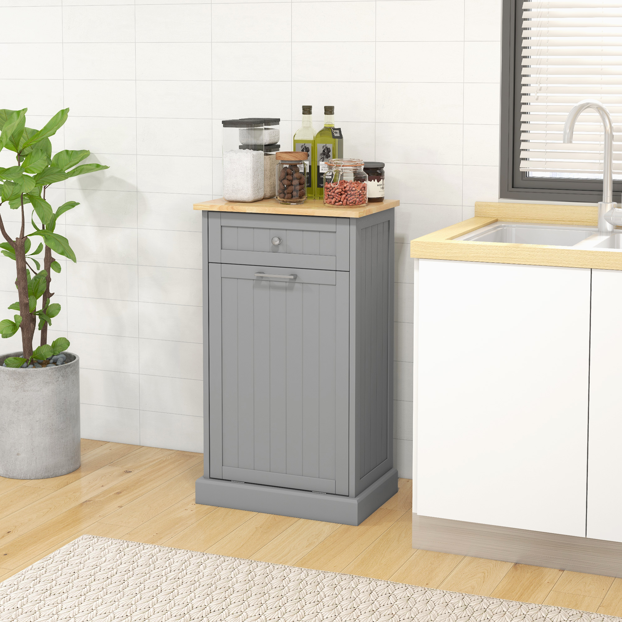 HOMCOM Kitchen Tilt Out Garbage Bin Cabinet, Free Standing Recycling Cabinet, Garbage Can Holder with Drawer, Grey Aosom Canada