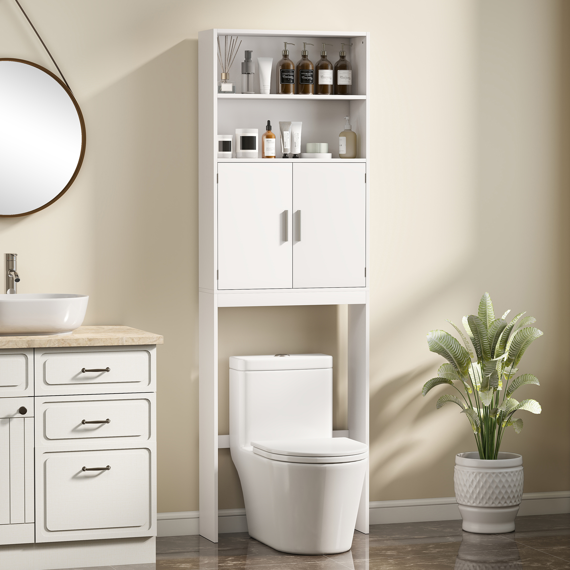 HOMCOM Over The Toilet Storage Cabinet, Freestanding 4-Tier Bathroom Organizer with Adjustable Shelf and 2 Doors, White Aosom Canada