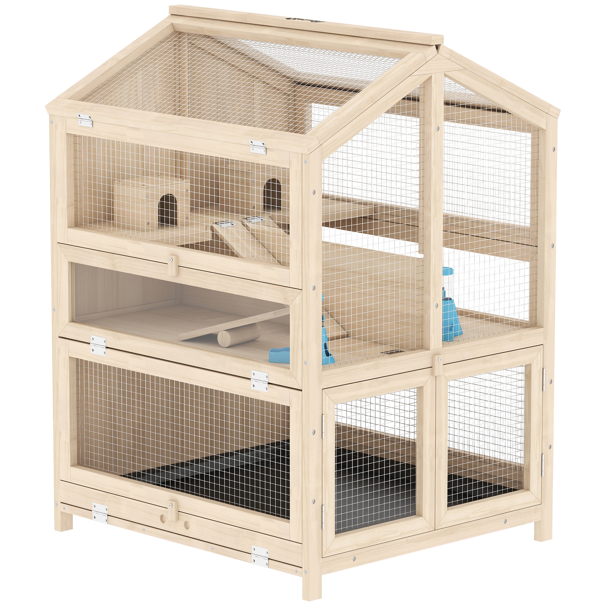 PawHut Wooden Hamster Cage, Large 3 Tier Hamster Cage w/ Pull-Out Tray, Openable Top, Hut, Seesaws, 26.8"L x 24.2"W x 35.4"H