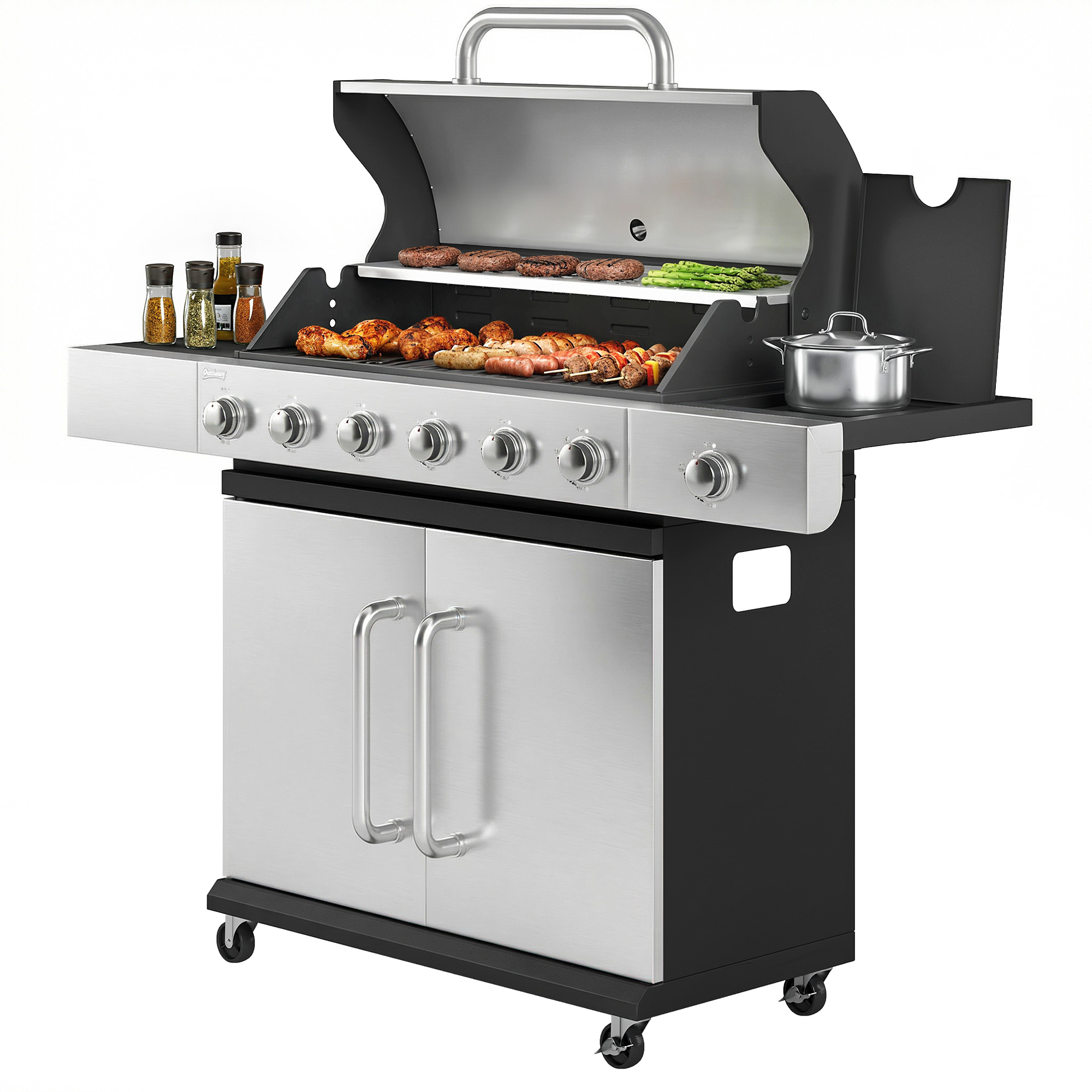 Outsunny Outsunny 6 Burner Propane Gas Grill with Side Burner, Barbecue Grill with Cast Iron Grates, Wheels, Side Tables, Cabinet - $523.99 at Aosom US