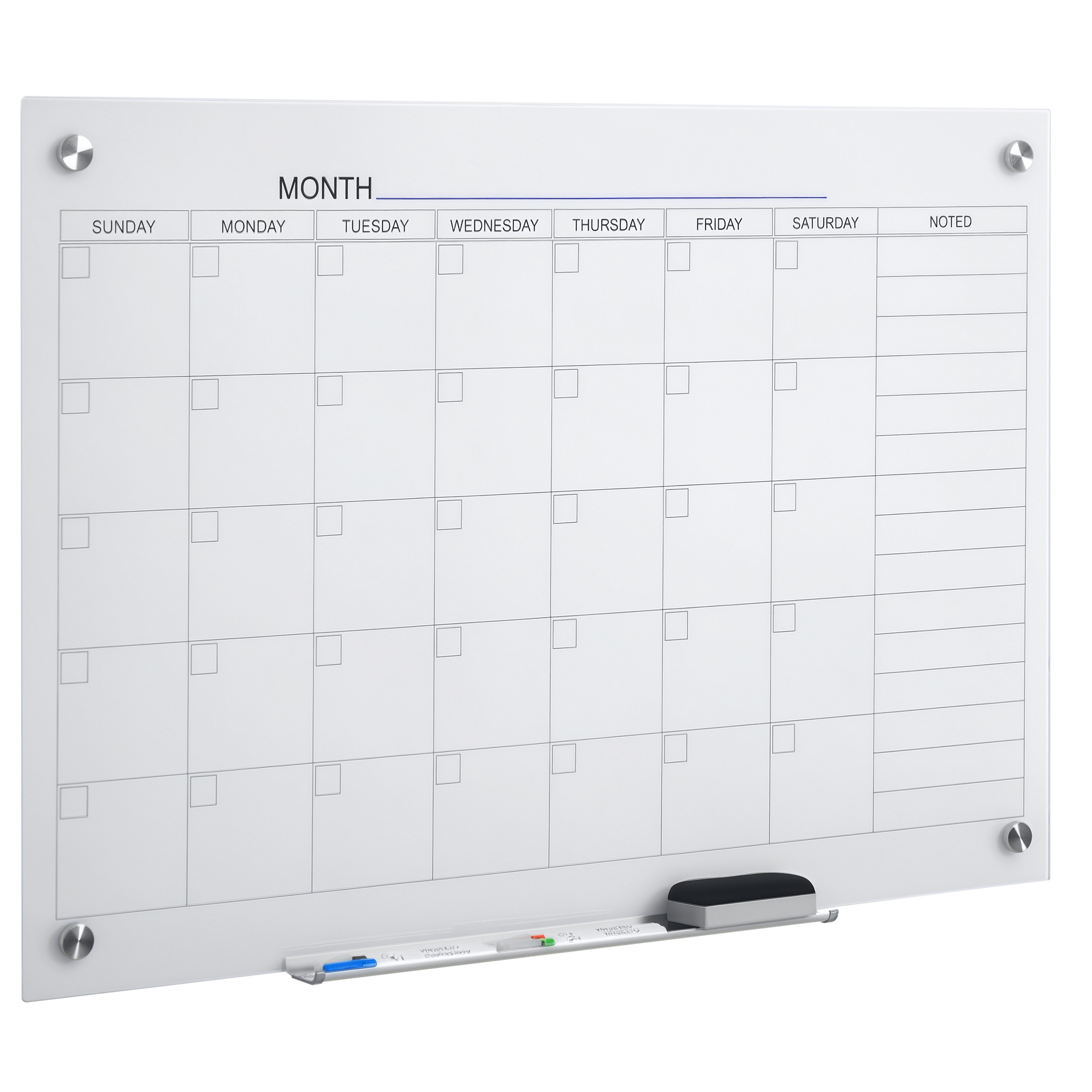 Vinsetto 35"x23" Dry Erase Wall Calendar Glass Whiteboard Monthly Planner for Homeschool Supplies & Home Office Organization with 4 Markers and 1 Eras