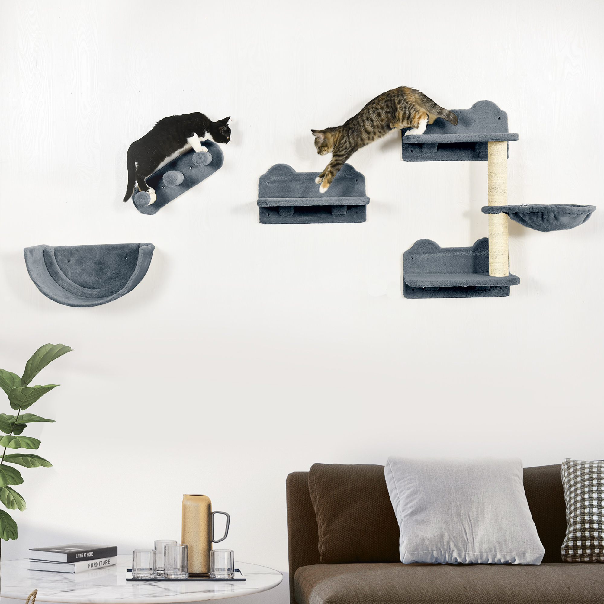PawHut Vertical Playground: Cat Wall Climber with Hammock, Scratching Post, Steps, and Platforms, Grey Aosom Canada