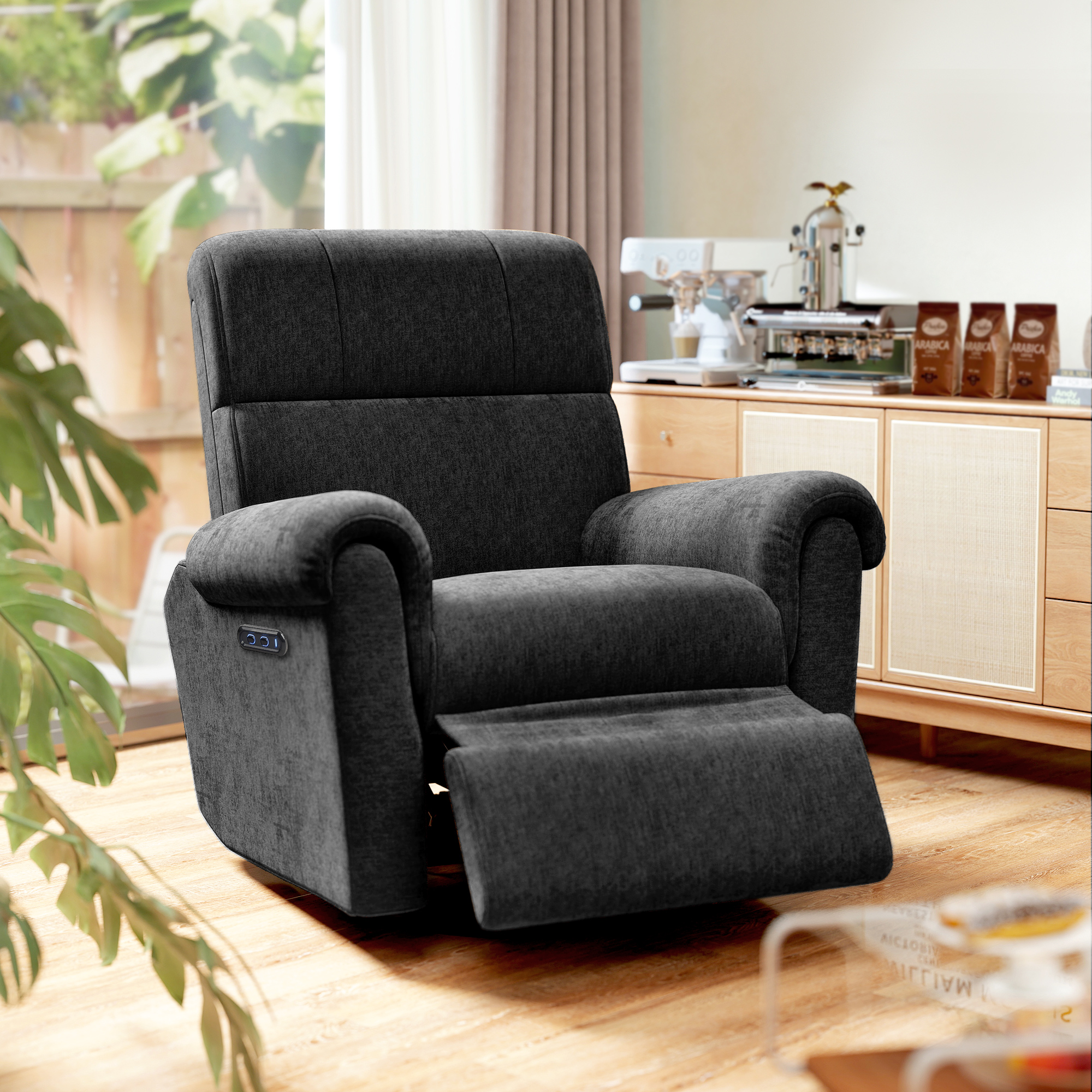 HOMCOM Power Recliner Chair, Fabric Upholstered Recliner Chair with USB Ports, Swivel and Rocking Function, Footrest, Black | Aosom Canada