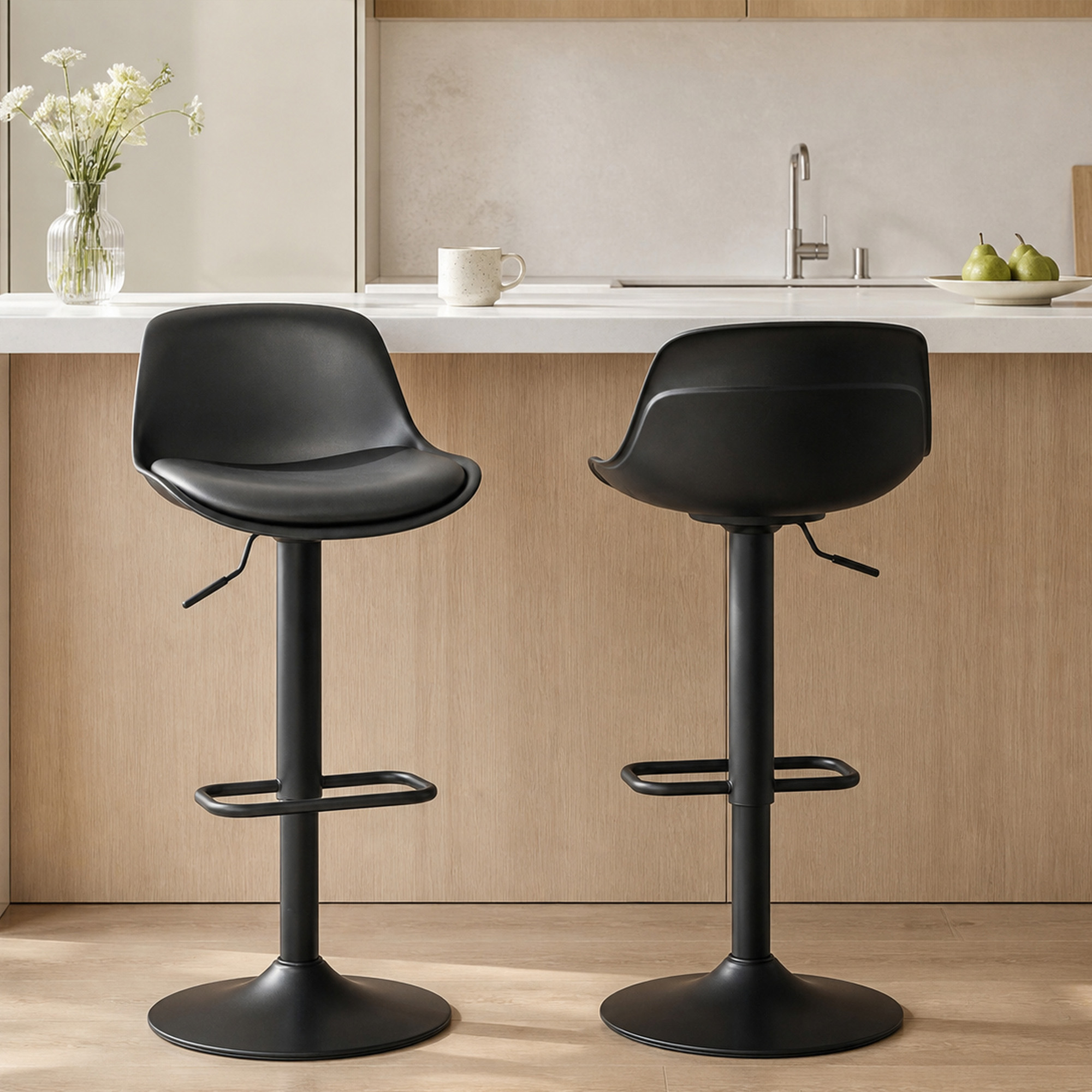 HOMCOM Counter Height Bar Stools Set of 2, Streamlined Bar Chairs with Adjustable Height and Swivel PU Leather Seat, Black Aosom Canada