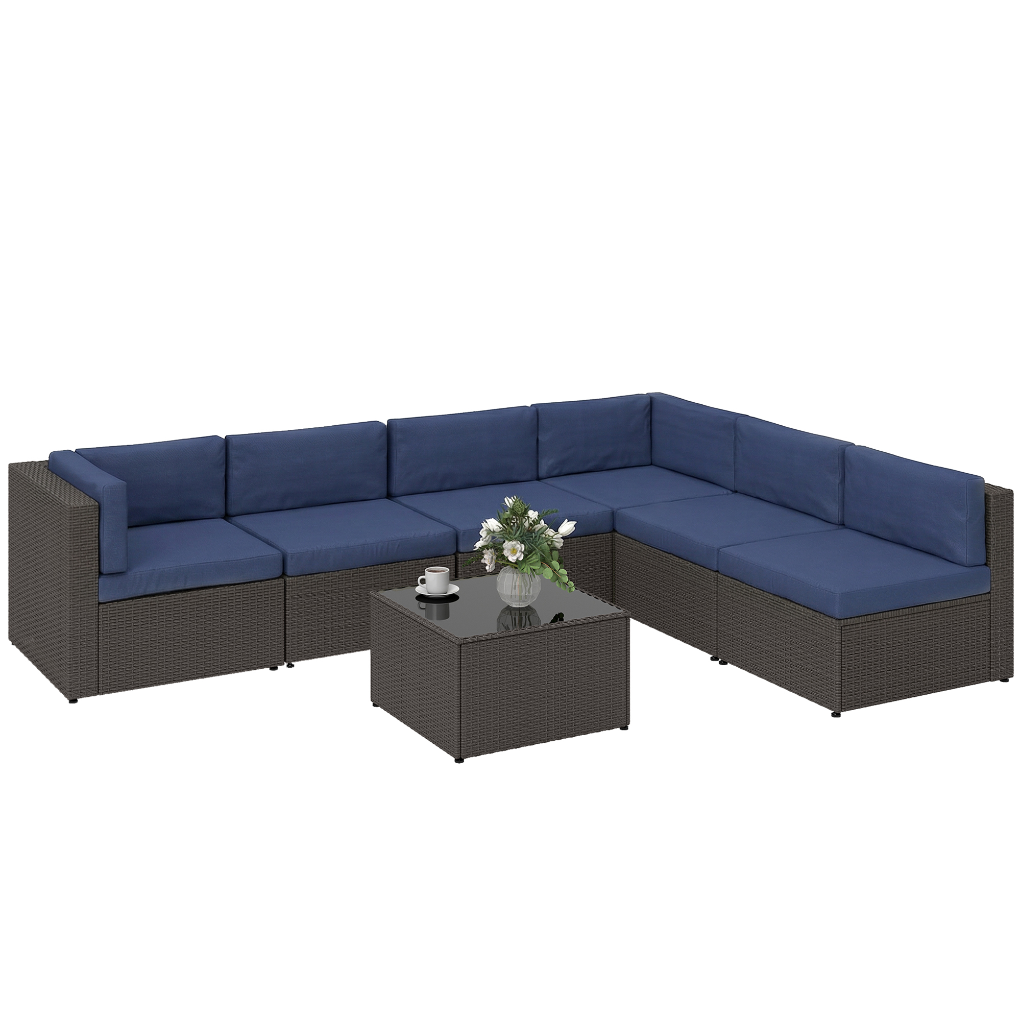 Outsunny 7 Piece Patio Furniture Set, All Weather PE Rattan Outdoor Furniture Conversation Sets with Glass Top Coffee Table