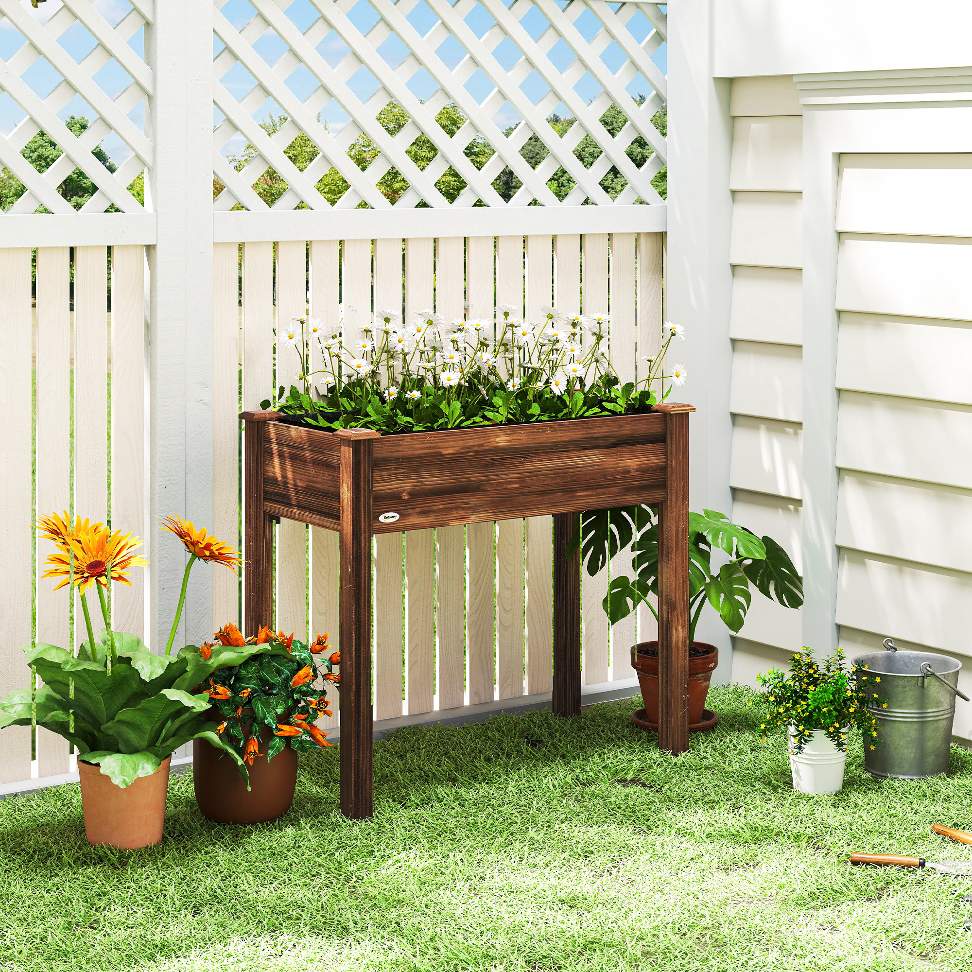 Outsunny 34" x 18" x 30" Wooden Patio Raised Garden Bed Planter, Elevated Planter Box with Legs, Carbonized Aosom Canada