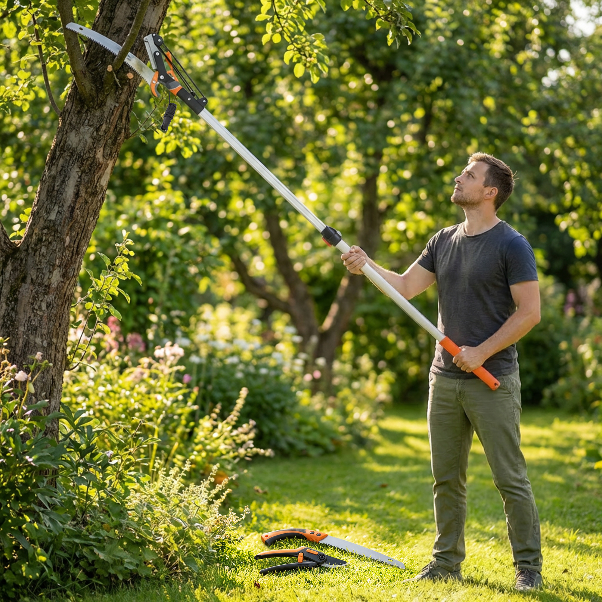 Outsunny 2-In-1 Manual Pole Saw, Hand Pruning Saw, Secateurs with Safety Lock, 6.5ft Aluminium Telescopic Pole Pruner Aosom Canada