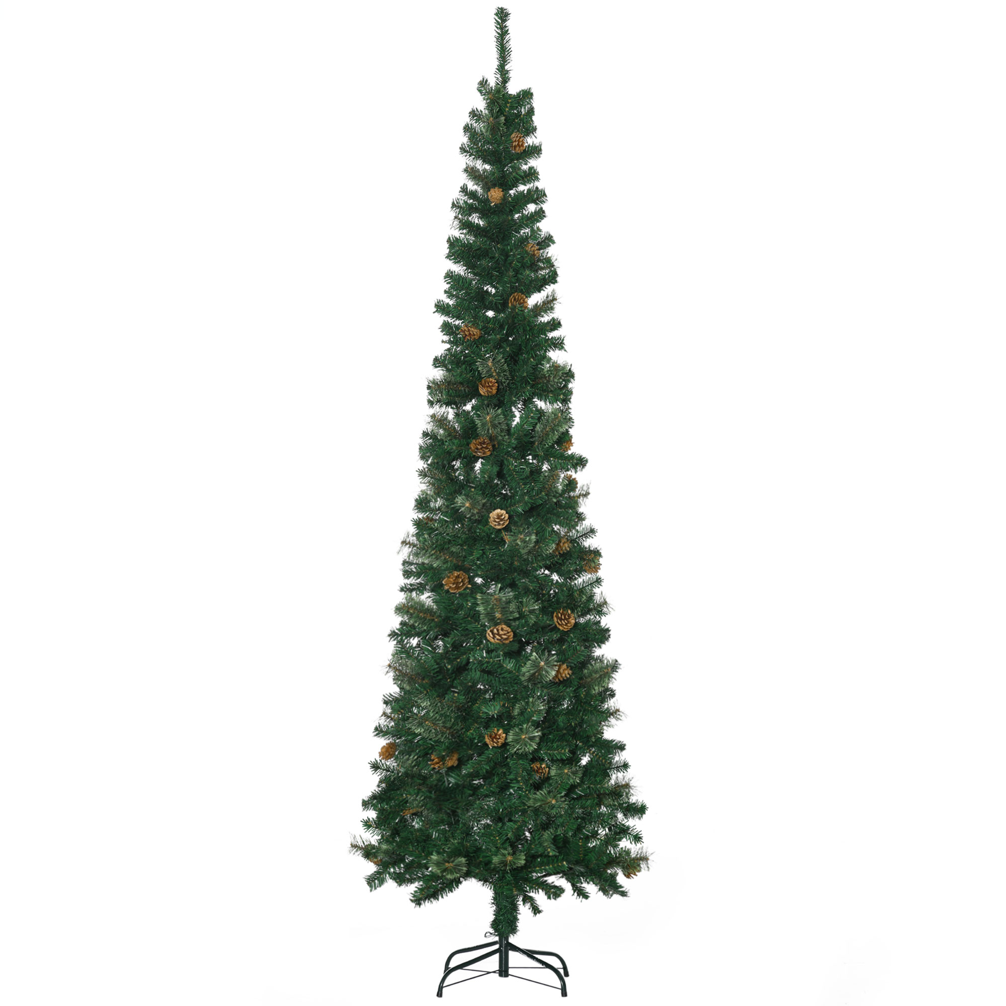 HOMCOM 7.5ft Pencil Artificial Christmas Tree, Slim Pine Needles Xmas Tree with Realistic Branches, Pine Cones & Metal Base, Green