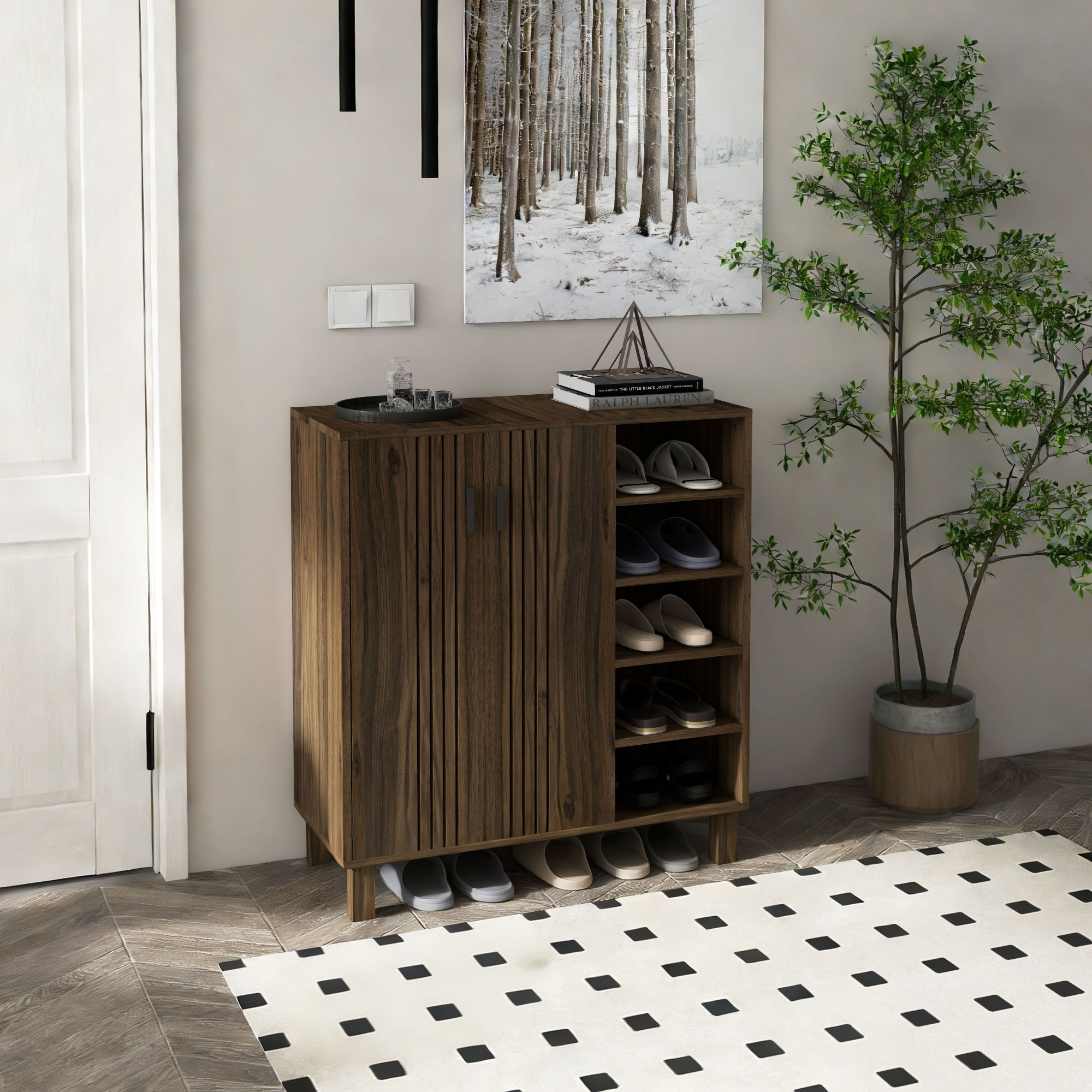 HOMCOM Entryway Elegance: Shoe Organizer with Double Doors, Open Shelves for 17 Pairs, Walnut Finish Aosom Canada