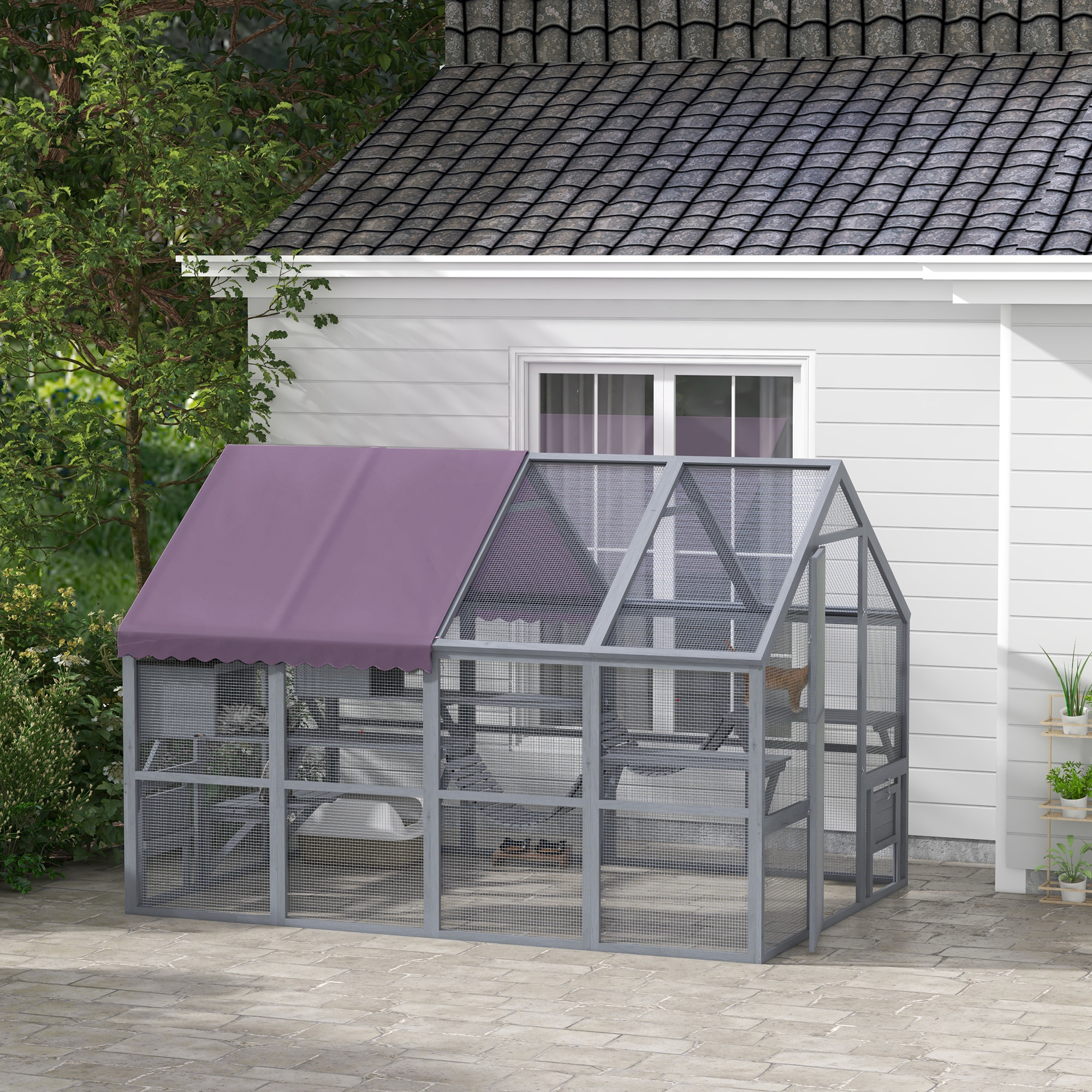 PawHut Outdoor Cat Cage, Wooden Enclosure with Weatherproof Canopy, Bridges & Resting Platforms for 3-6 Cats Aosom Canada