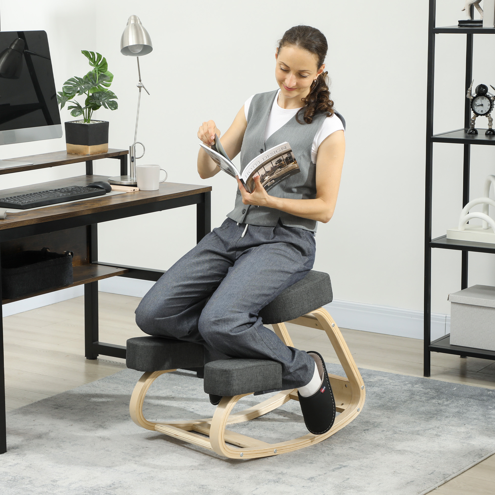 HOMCOM Ergonomic Kneeling Chair, Wood Kneel Stool with Thick Pads, Desk Knee Chair, Improve Posture, Dark Grey Aosom Canada