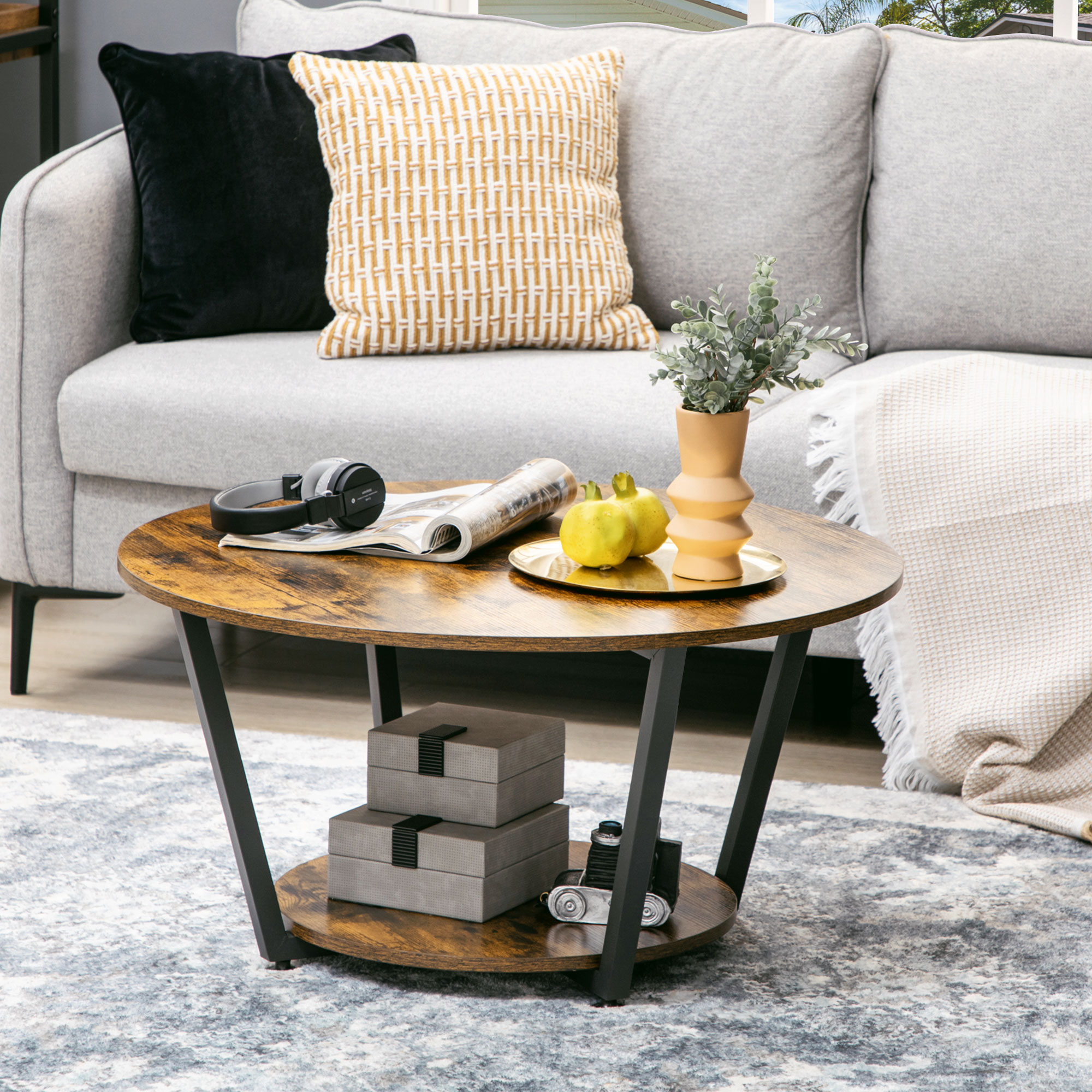 HOMCOM Rustic Brown Round Coffee Table: Center Table with Storage Shelf and Steel Frame for Living Room Aosom Canada