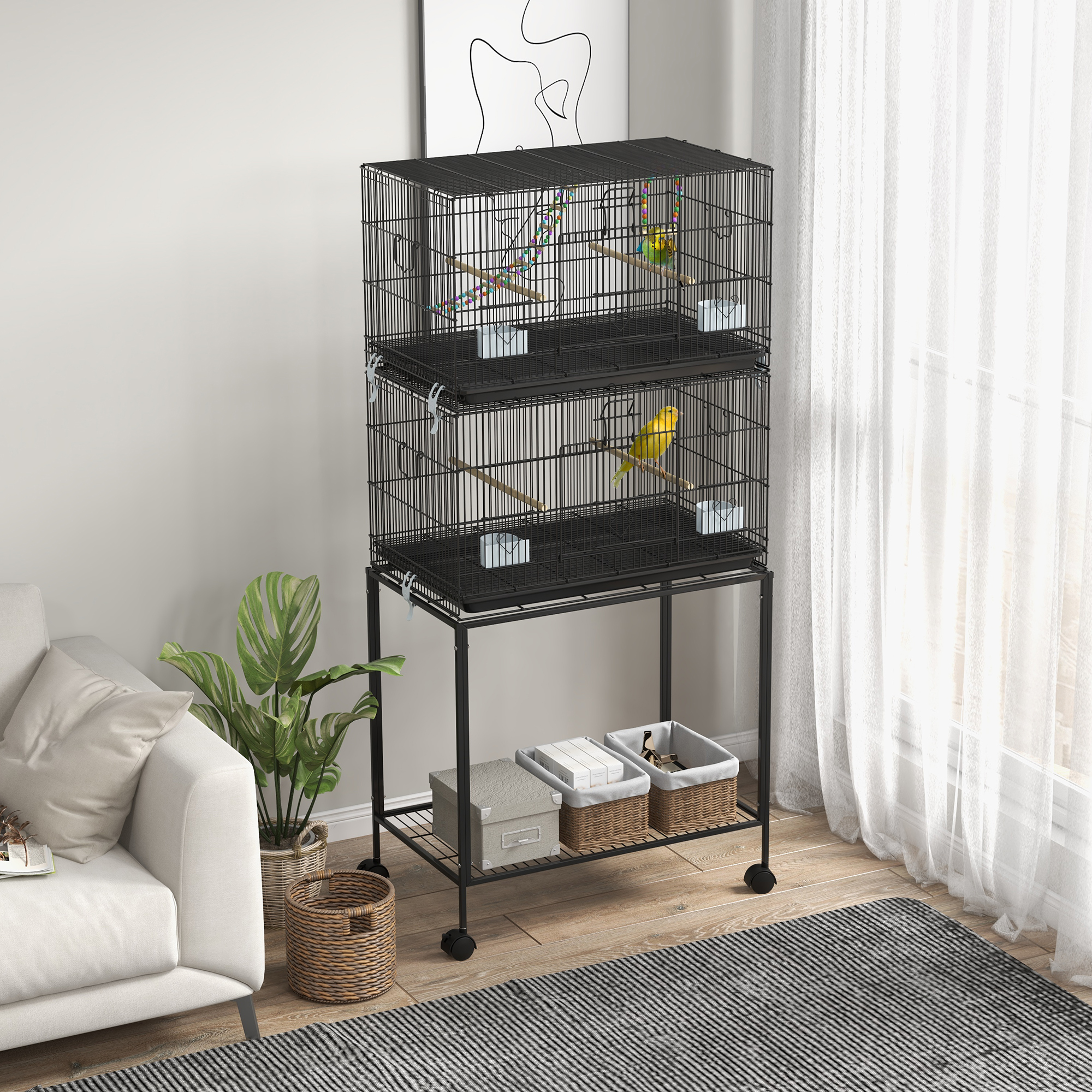 PawHut 65" Large Birdcage with Wheels for Canaries Lovebirds Finches Budgie Durable Design Black Aosom Canada