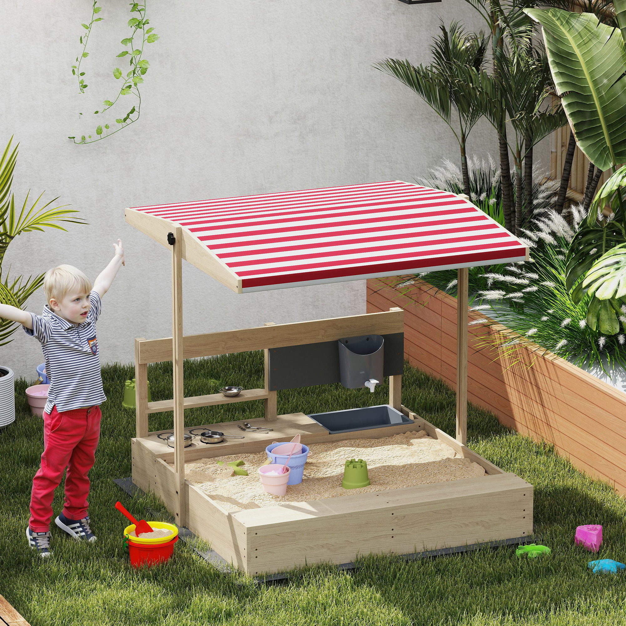 Outsunny Kids Sandbox with Cover Kitchen Playset Toys, Wooden Sand Box with Seat, Storage, for 3-7 Years Old, Natural Wood Aosom Canada