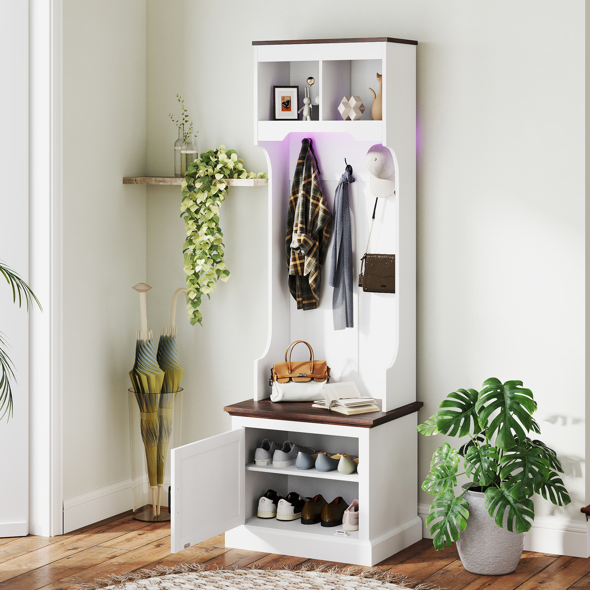 HOMCOM 3-in-1 Hall Tree with LED Lights and Bench, Coat Rack with Shoe Storage, White Wood Grain Aosom Canada
