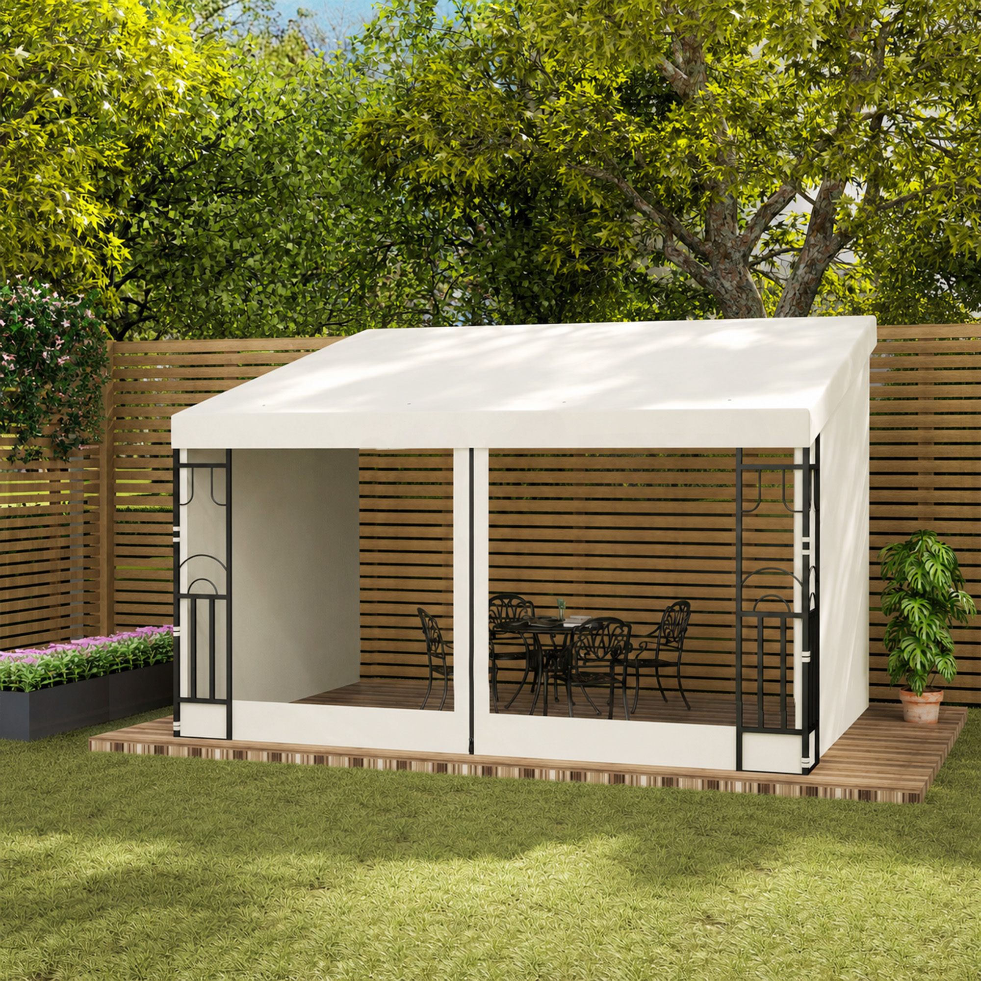 Outsunny 10' x 13' Wall Pergola, Outdoor Gazebo with 2 Curtains and 2 Nettings, UV Resistant, for Patio, Deck, Beige Aosom Canada