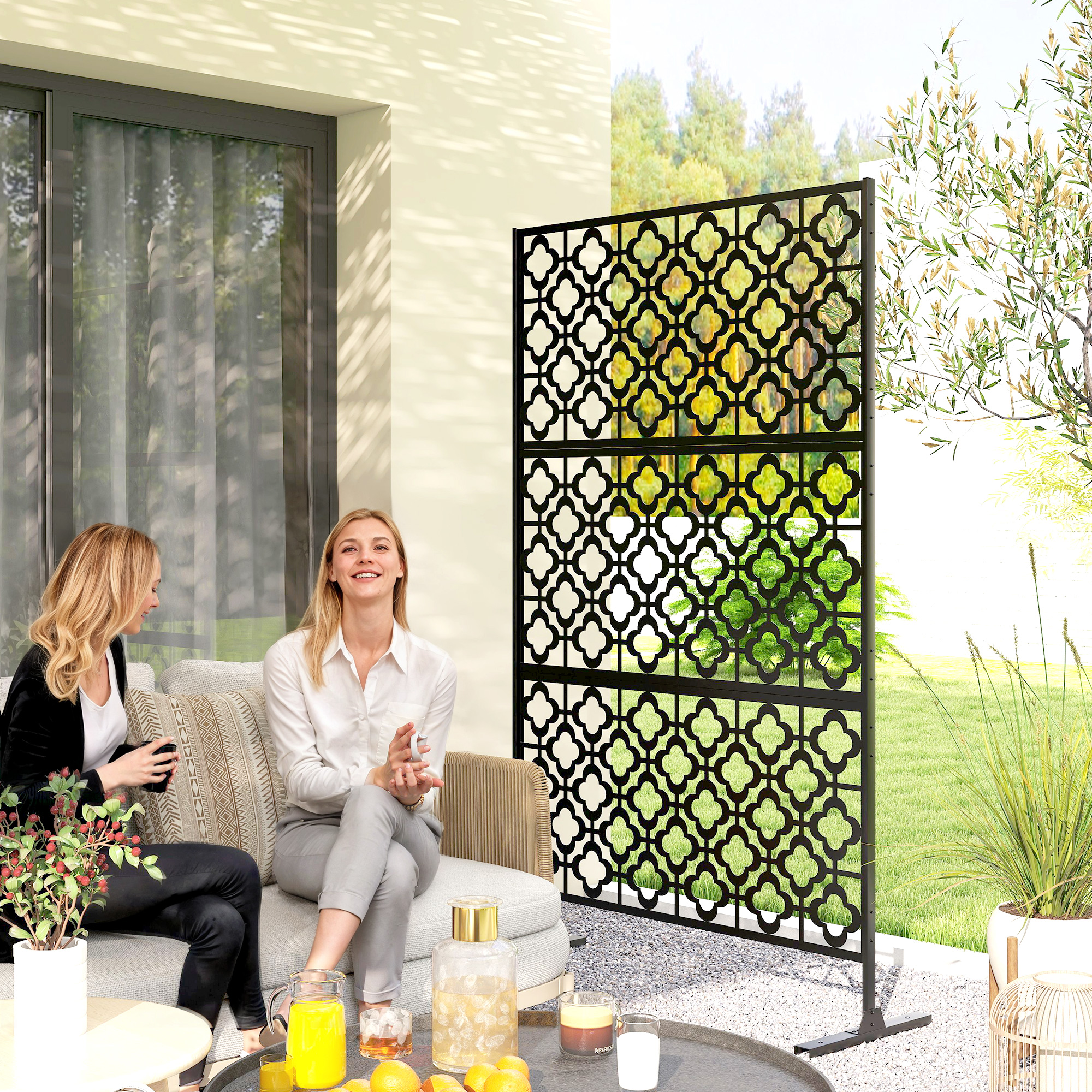 Outsunny Metal Outdoor Privacy Screen, Freestanding Outdoor Divider with Stand, 78" x 48", Black Aosom Canada