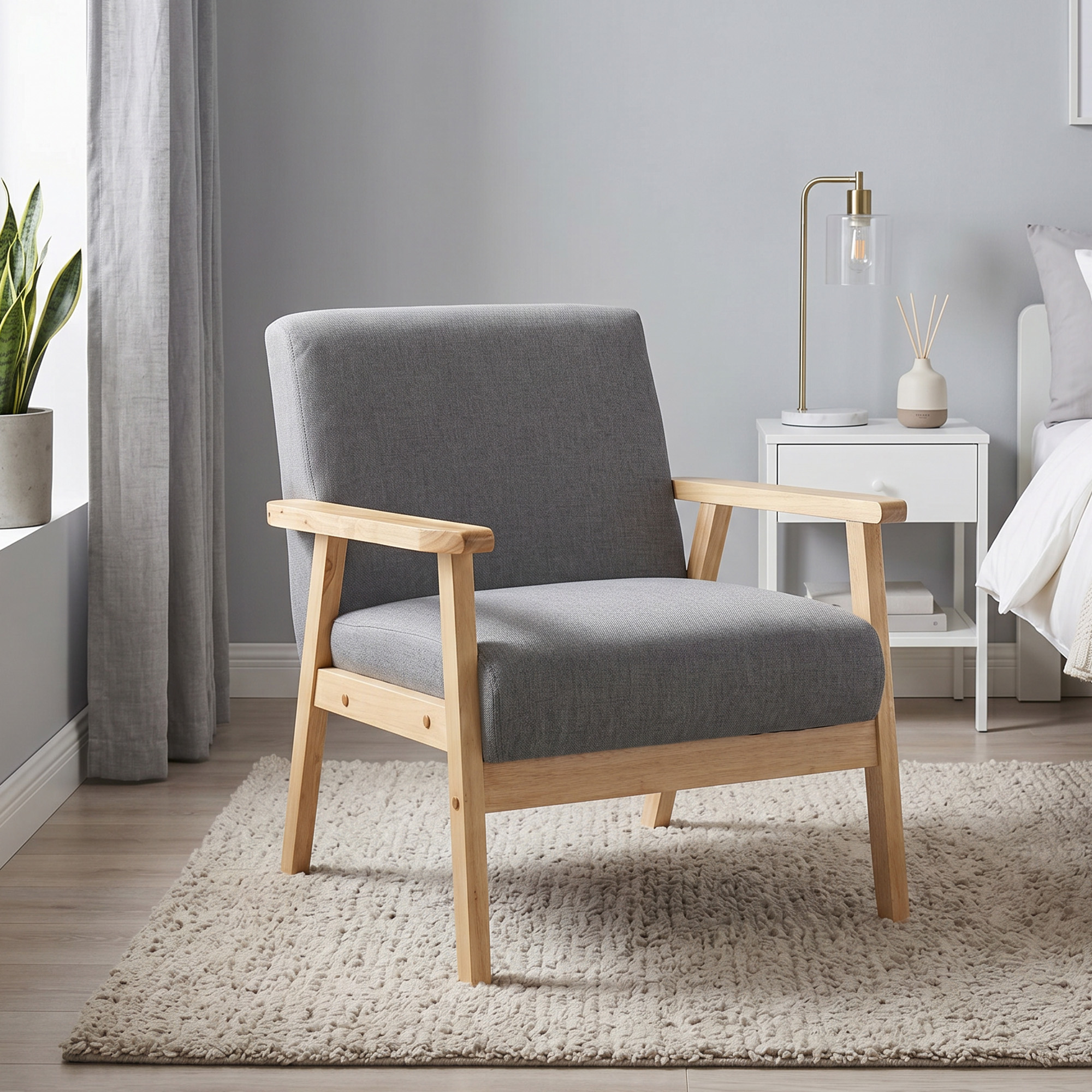 HOMCOM Minimalistic Accent Chairs Wood Frame w/ Thick Linen Cushions Wide Seat Armchair for Bedroom Office, Grey Aosom Canada