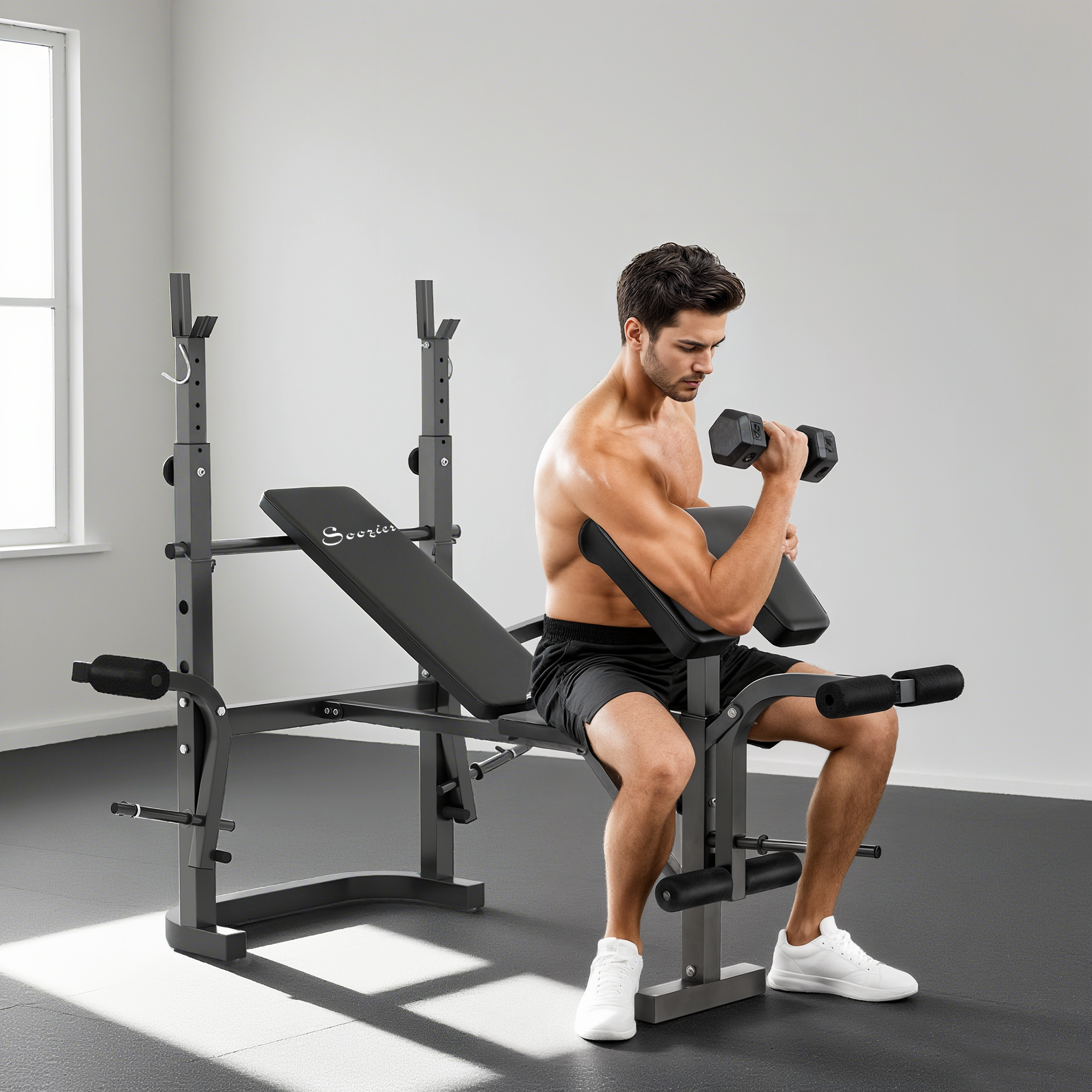 Soozier Adjustable Weight Bench with Bench Press Rack, Preacher Curl Bench, Leg Extension and Lat Pull Down Aosom Canada