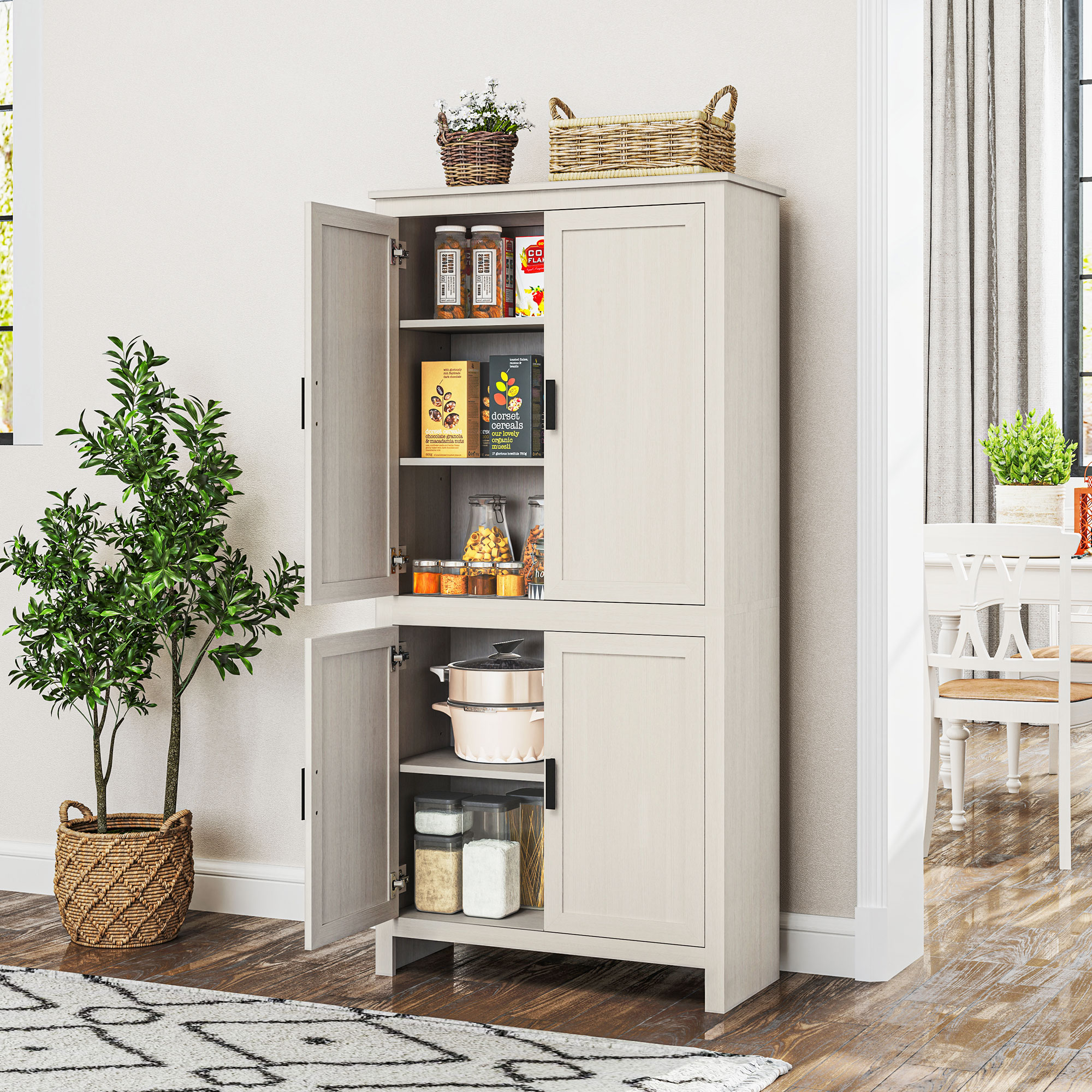 HOMCOM 64" Kitchen Pantry Cabinet, Freestanding Storage Cabinet with 4 Doors, 3 Adjustable Shelves, Antique White Aosom Canada