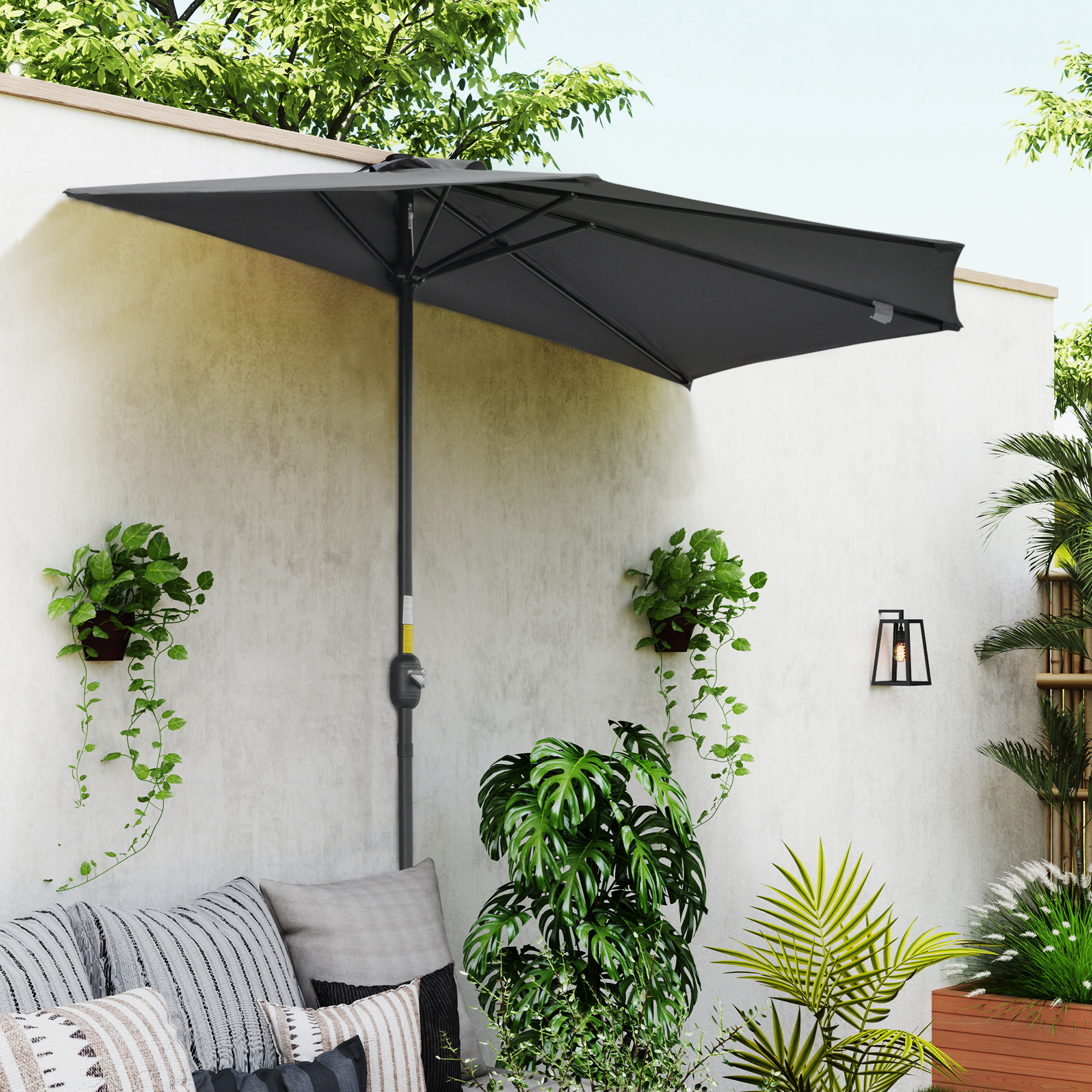 Outsunny Patio Parasol: 9.8ft Semi Round Garden Balcony Crank Handle Grey Aosom Canada