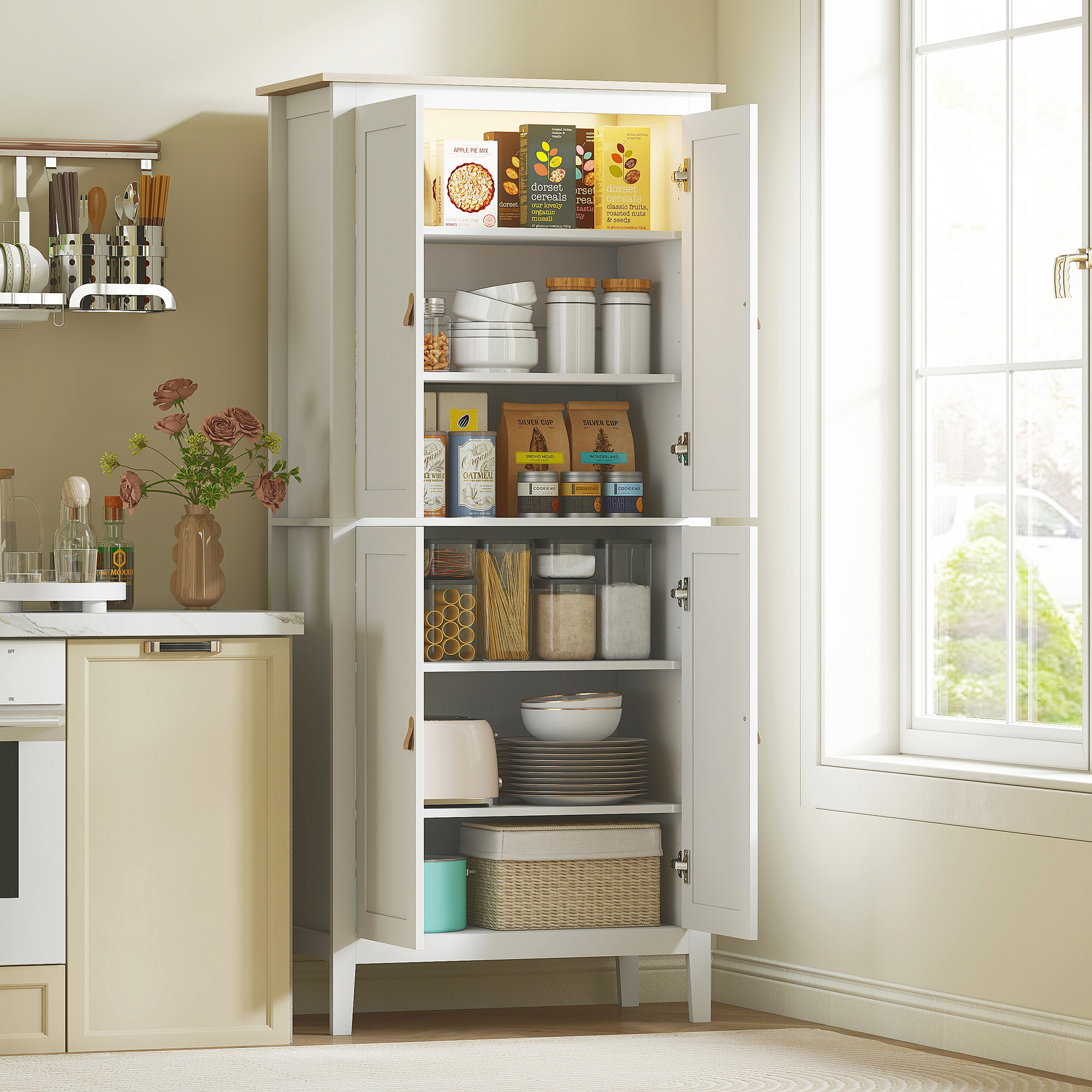 HOMCOM 69.5" Kitchen Pantry Cabinet, ModernTall Kitchen Pantry Storage Cabinet with Motion Sensor LED Light, White Aosom Canada