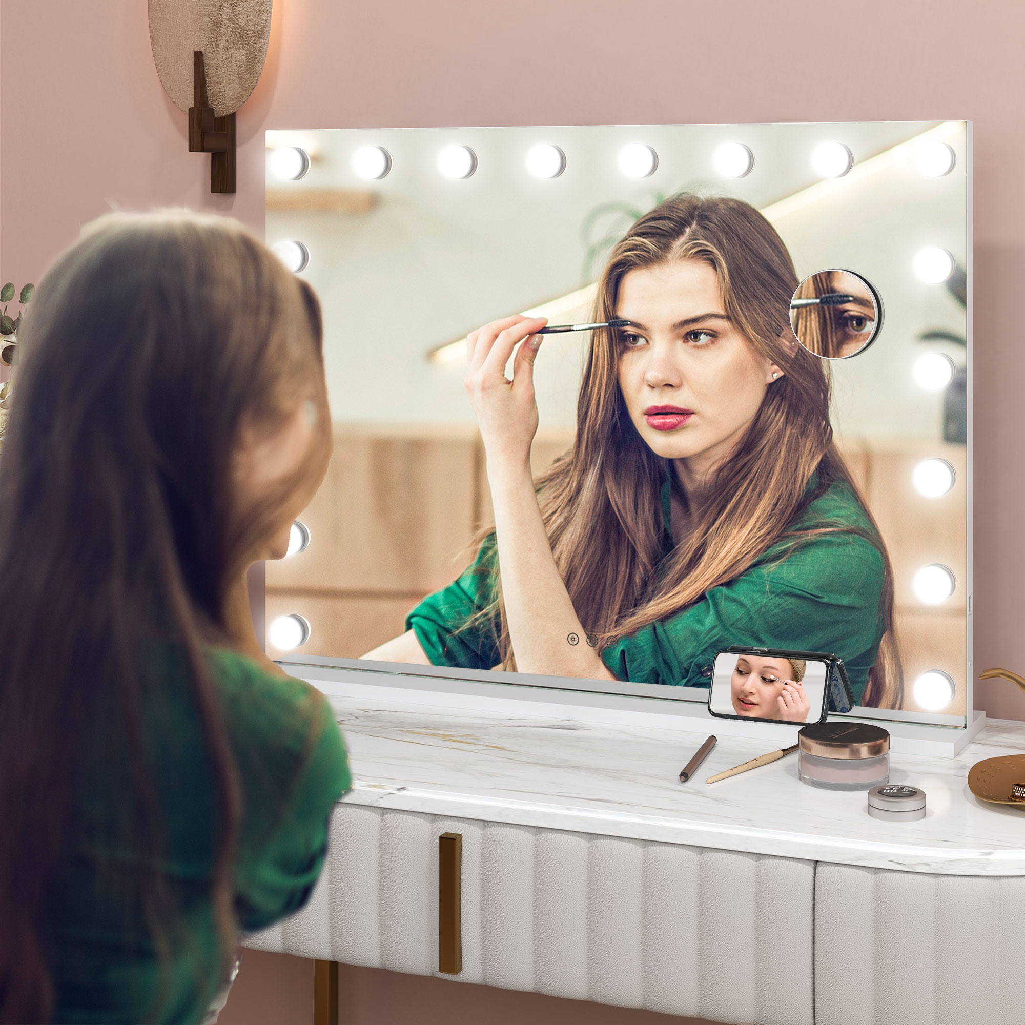 HOMCOM Hollywood Vanity Mirror with Lights, 31.5" x 24.4" Lighted Makeup Mirror with 3 Colour, 10X Magnifying, USB Port, White Aosom Canada