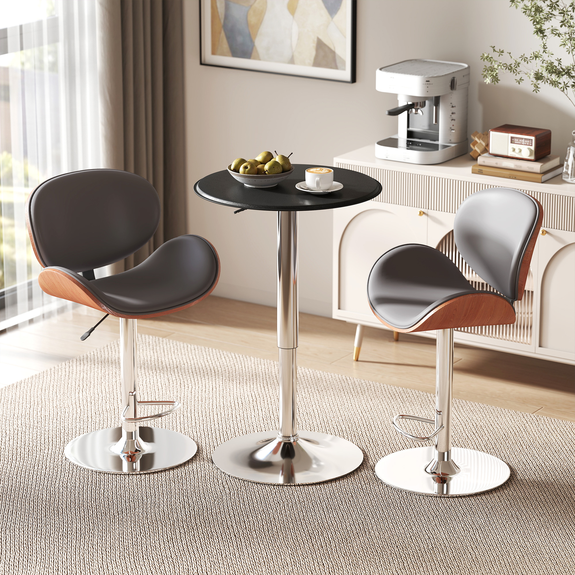 HOMCOM Bar Table, Modern Adjustable Round Bar Table with Leather Wooden Top and Chrome Base, Black Aosom Canada