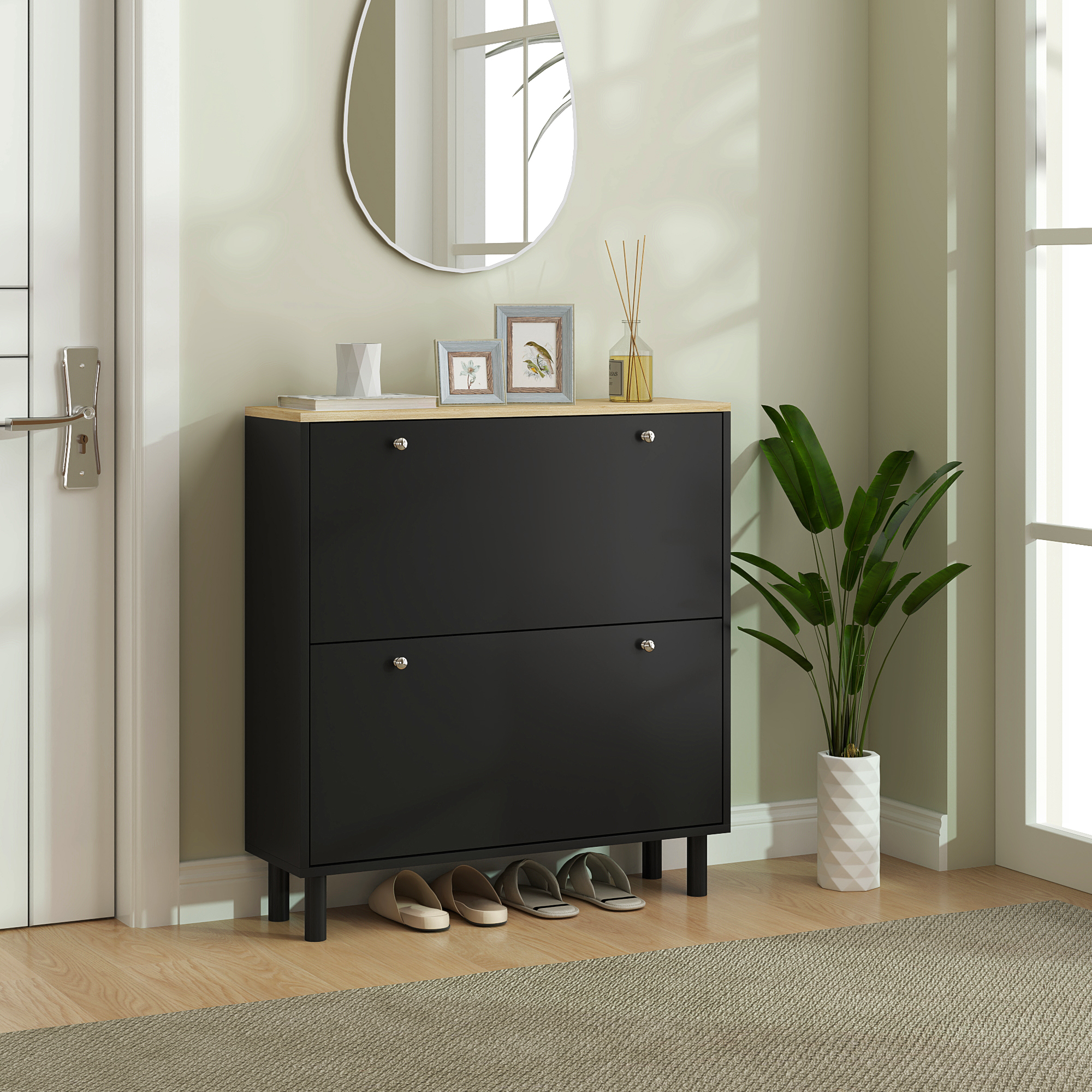 HOMCOM 2 Drawers Shoe Storage Cabinet with Adjustable Shelves for 16 Pairs of Shoes, Black Aosom Canada