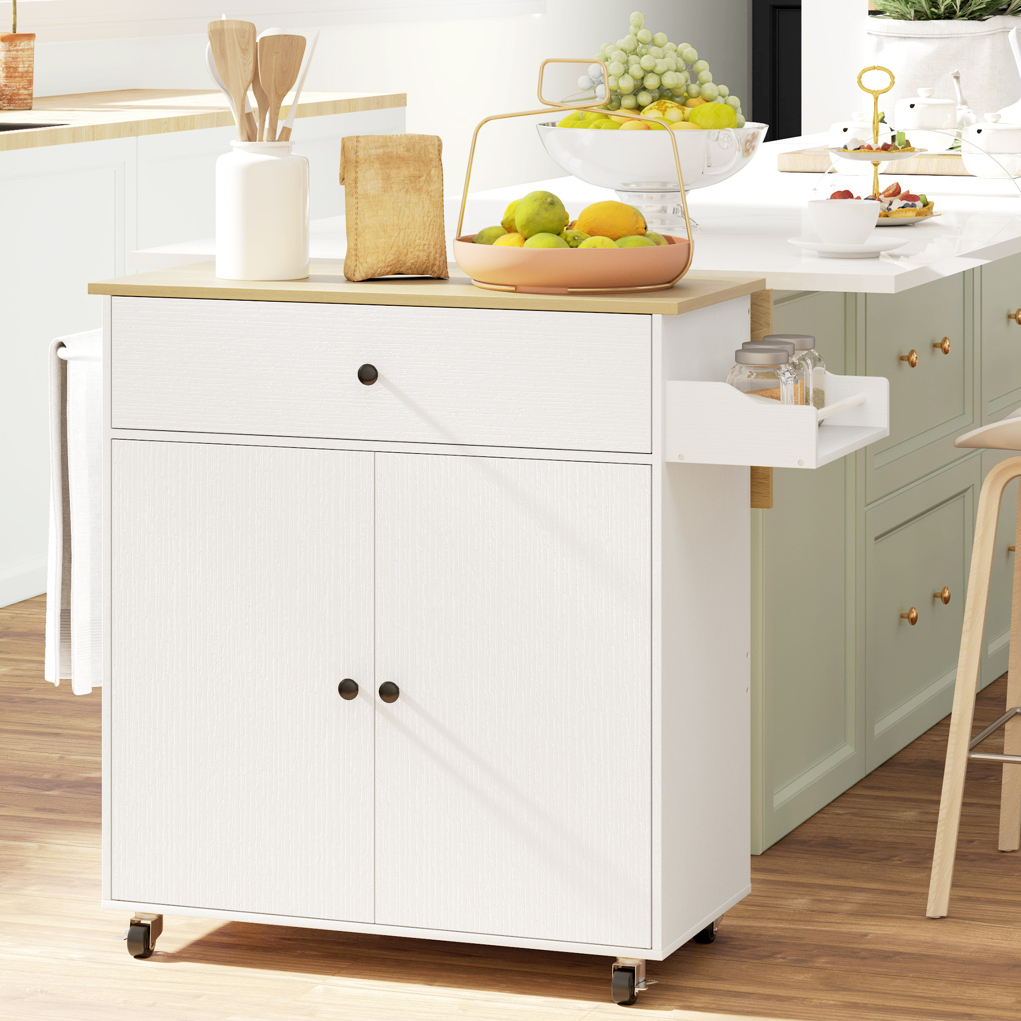 HOMCOM Rolling Kitchen Island with Drop Leaf, Kitchen Storage Cart with Drawer, Spice Rack and Towel Rack, White Aosom Canada