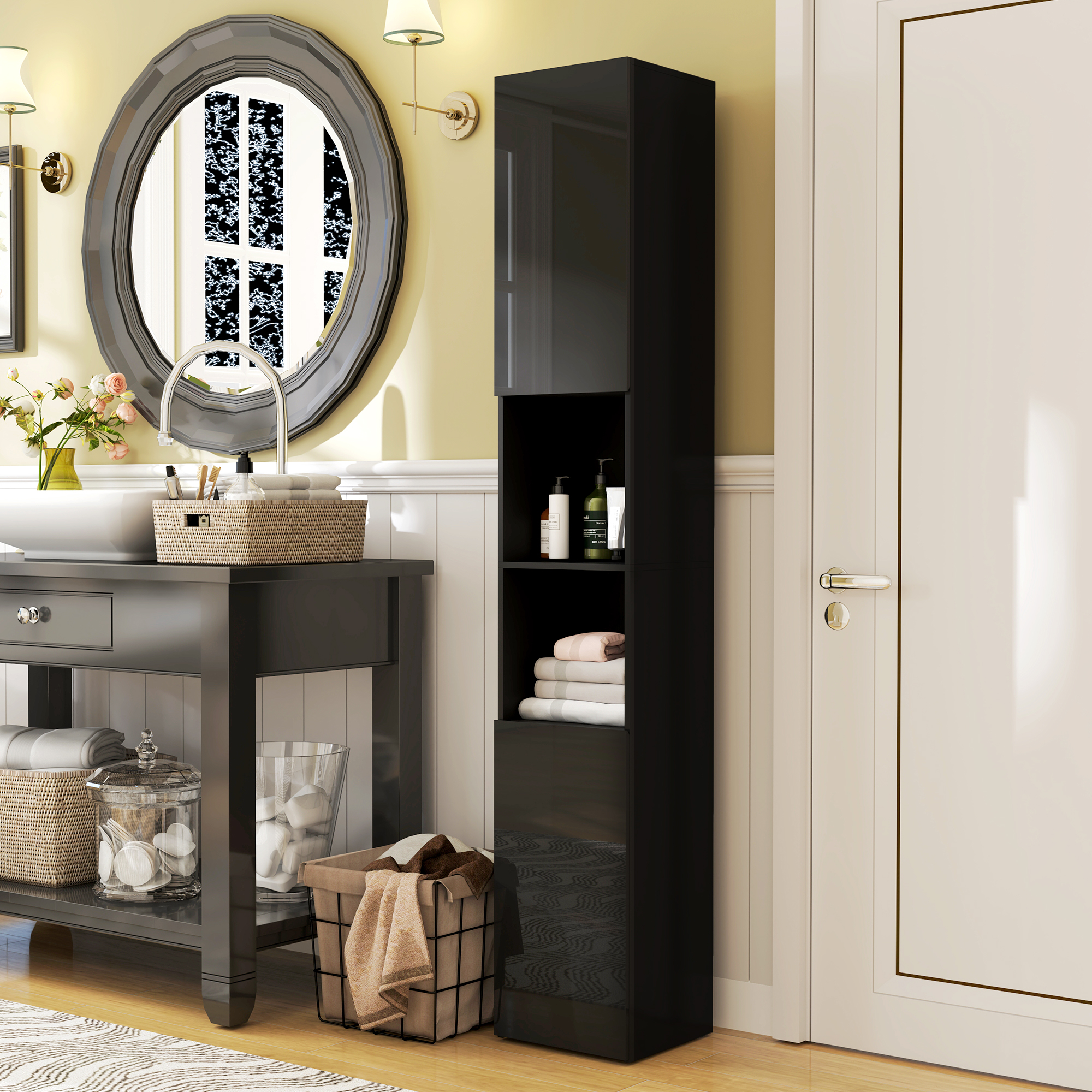 kleankin Tall Bathroom Cabinet, High Gloss Storage Cabinet with Doors and Adjustable Shelves, 11.8" x 11.8" x 71.5", Black Aosom Canada