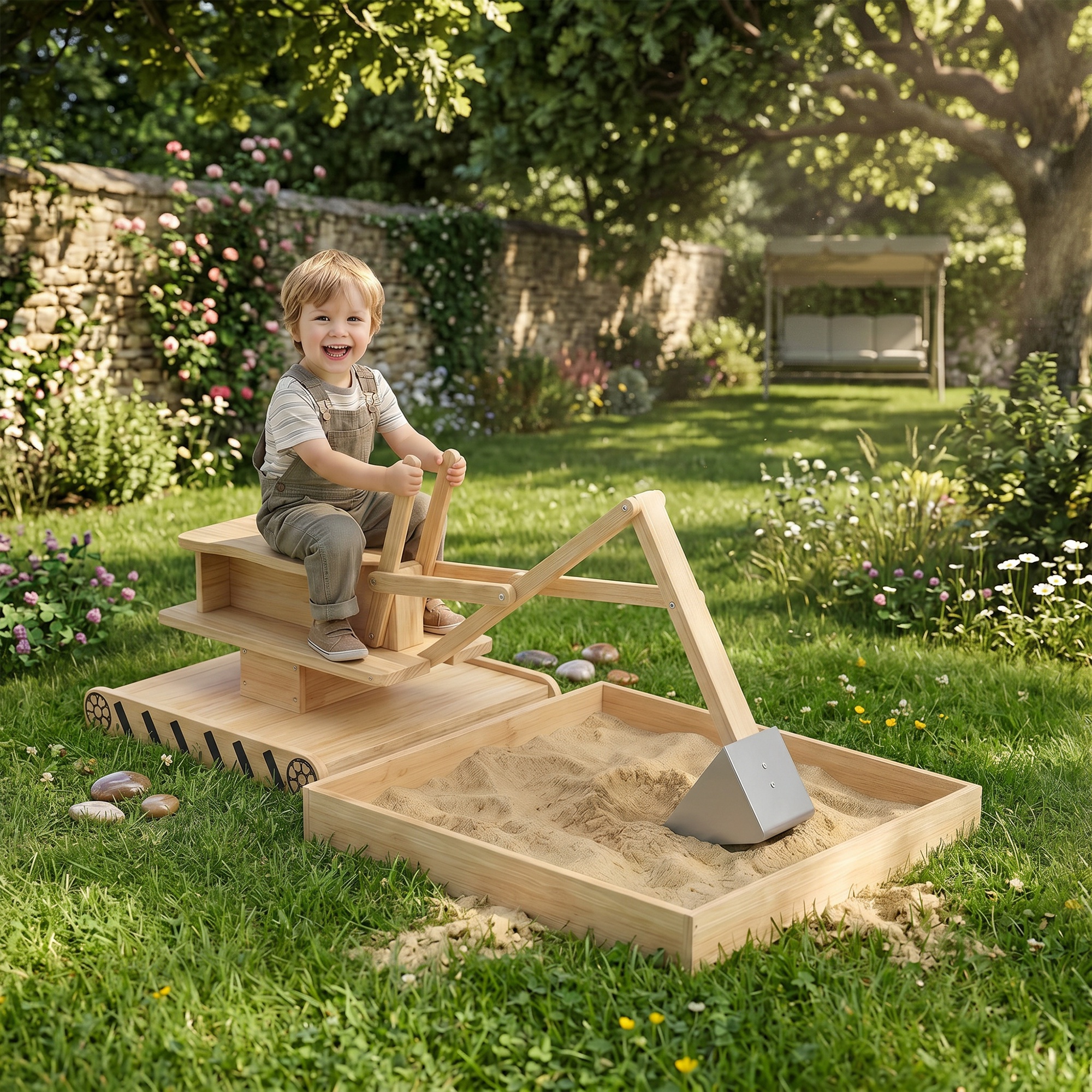Qaba Wooden Sandbox with Digger, Kids Sandbox with 360° Rotating Seat & Bottom Liner, 72" x 35" x 22" Aosom Canada