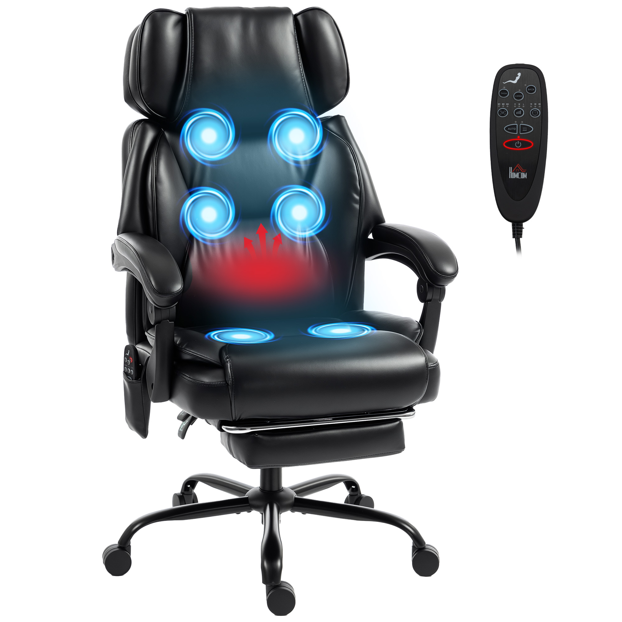 HOMCOM High Back Vibration Massage Office Chair Heated Reclining Computer Chair w/ Footrest, Swivel Wheels, Remote, Black