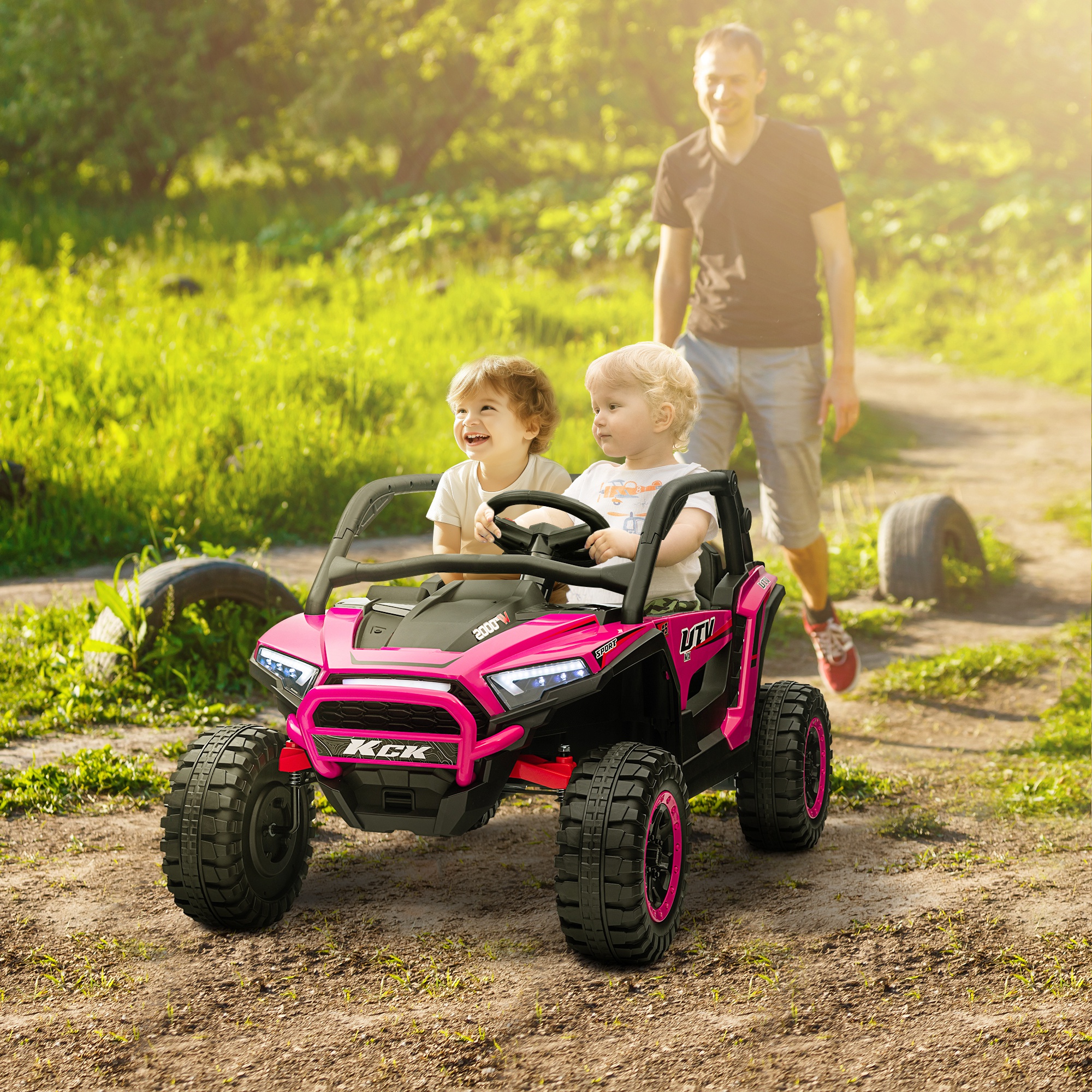 Qaba 2 Seater 24V Ride on Truck, Electric Car for Kids w/ Remote Lights, Horn, Music, Spring Suspension, Pink Aosom Canada