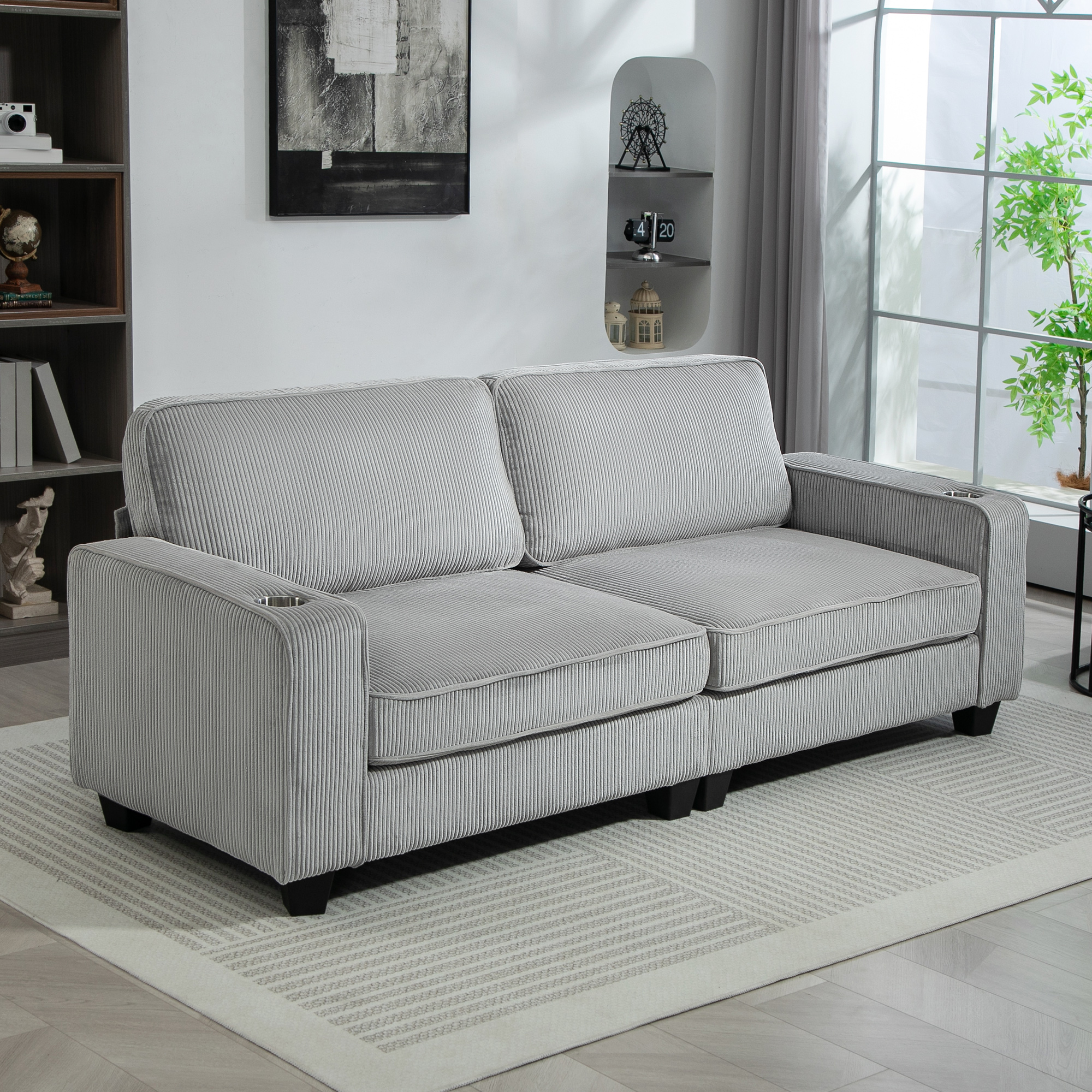 HOMCOM Three Seater Sofa, Fabric 3 Seater Couch with Spring Cushion and Cup Holders for Living Room, Bedroom, Light Grey Aosom Canada