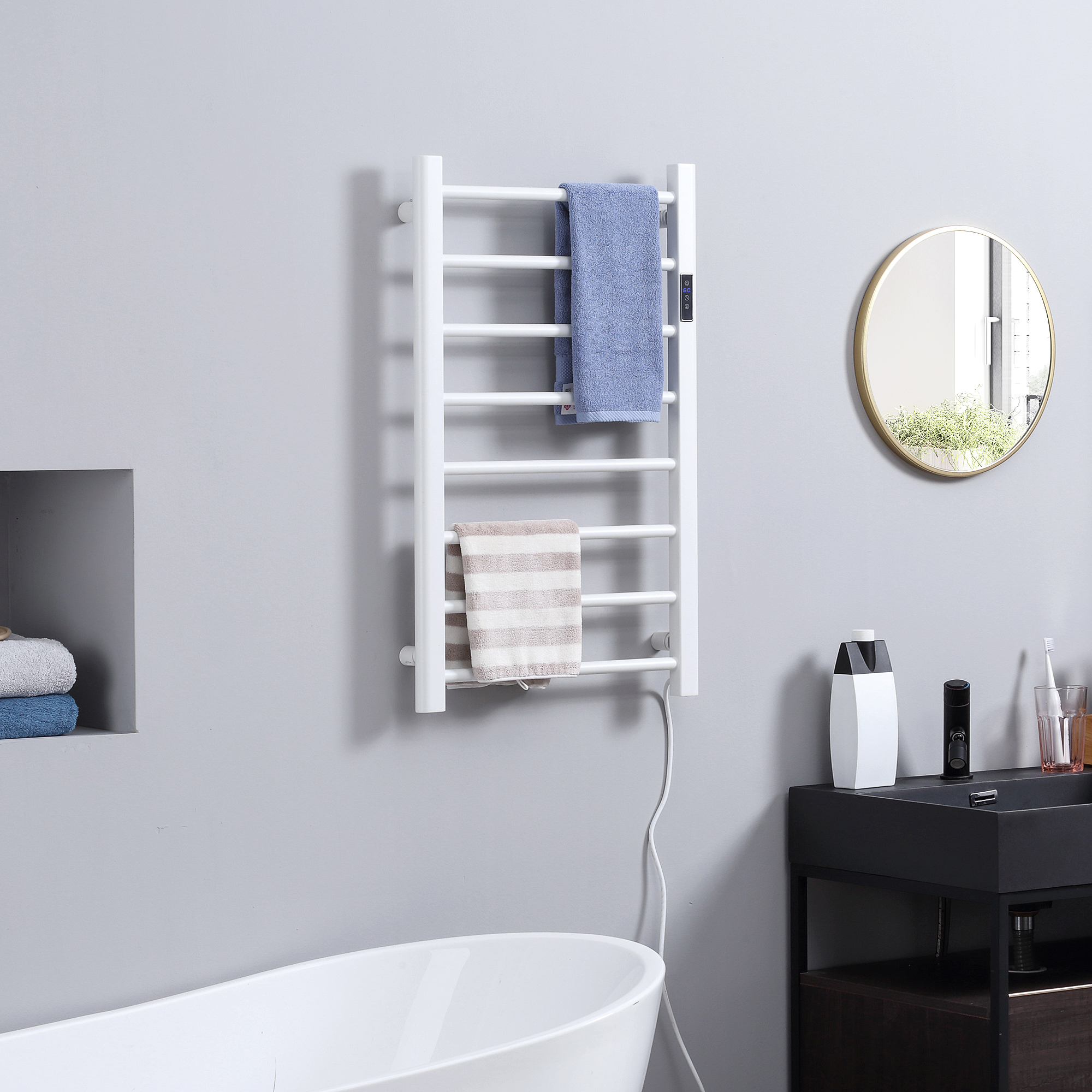 HOMCOM Electric Towel Warmer: 8-Bar Bathroom Heated Rail with Timer, LED Display, Wall-Mount/Freestanding, Carbon Steel Aosom Canada