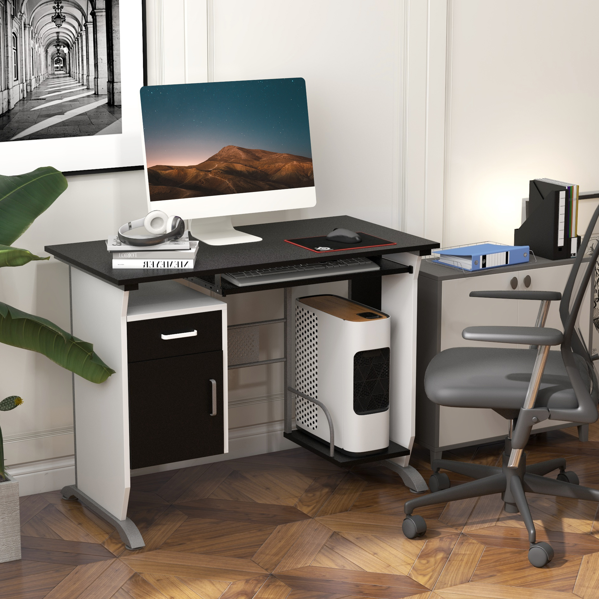 HOMCOM Home Office Computer Desk with Keyboard Tray CPU Stand Black and White Aosom Canada
