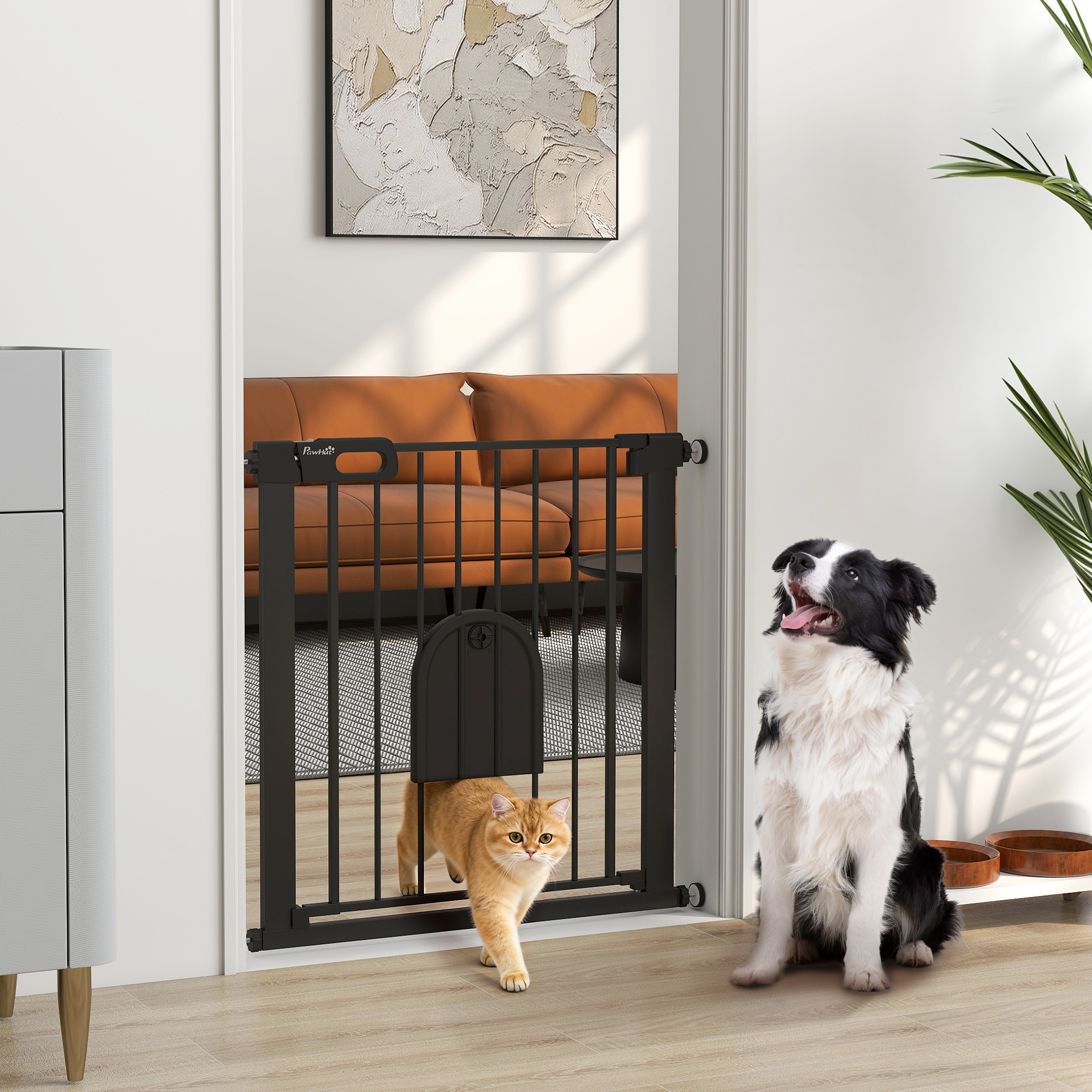 PawHut 30"-32" Dog Gate, Extra Wide Pet Gate with Convenient Small Door Secure Black Finish Aosom Canada