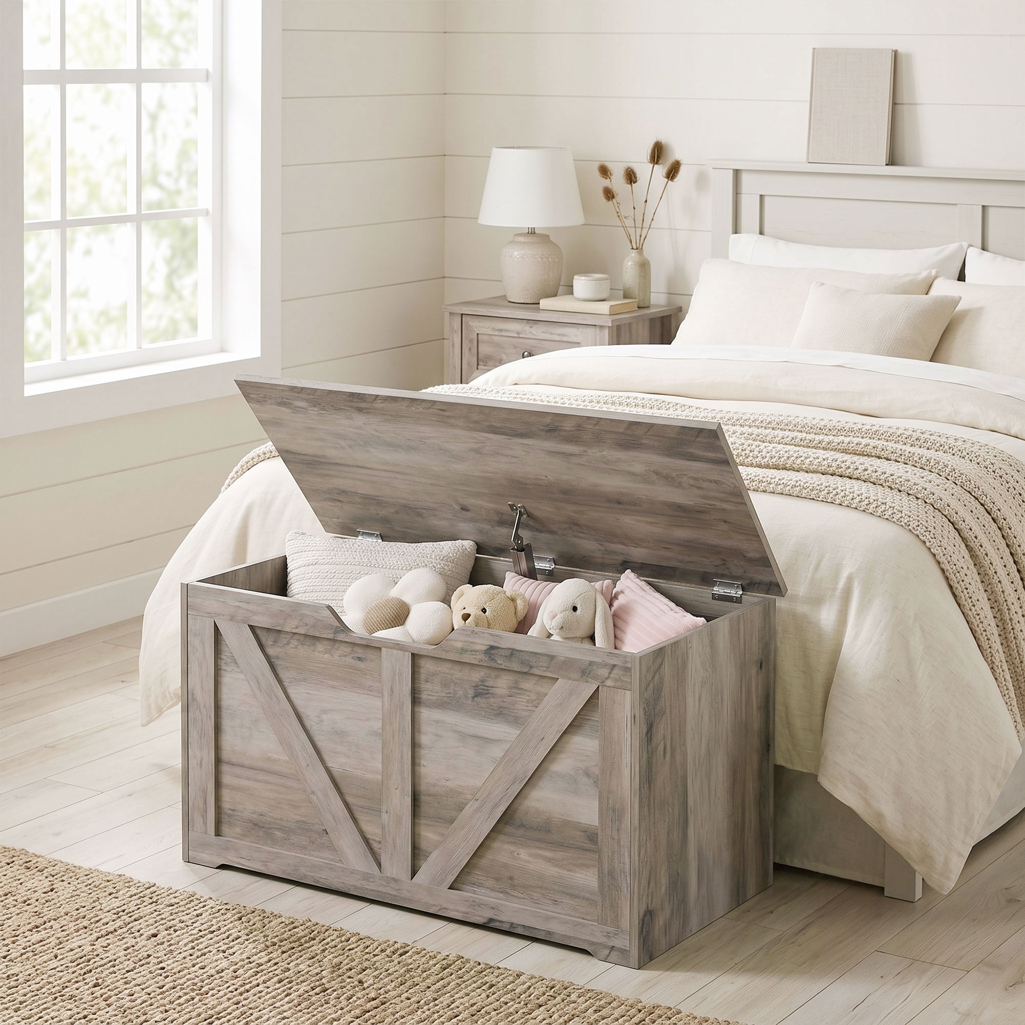HOMCOM 31.5 Inches Storage Chest, Storage Trunk with Safety Hinge for Living Room, Grey Wood Grain Aosom Canada