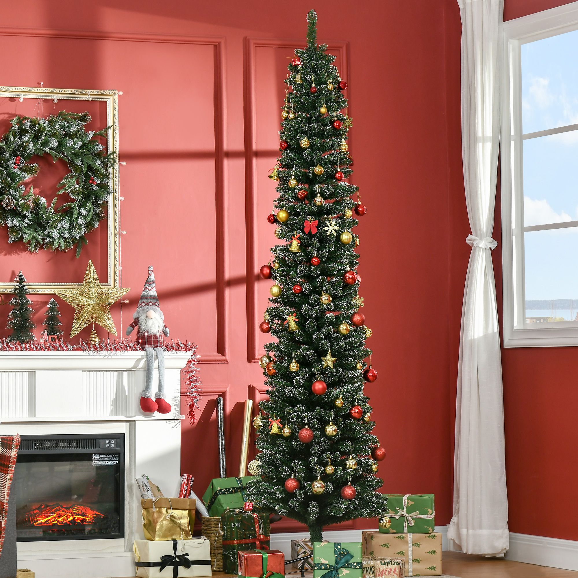 HOMCOM 7.5FT Artificial Snow Dipped Christmas Tree Xmas Pencil Tree Holiday Home Indoor Decoration with Foldable Black Stand, Green Aosom Canada