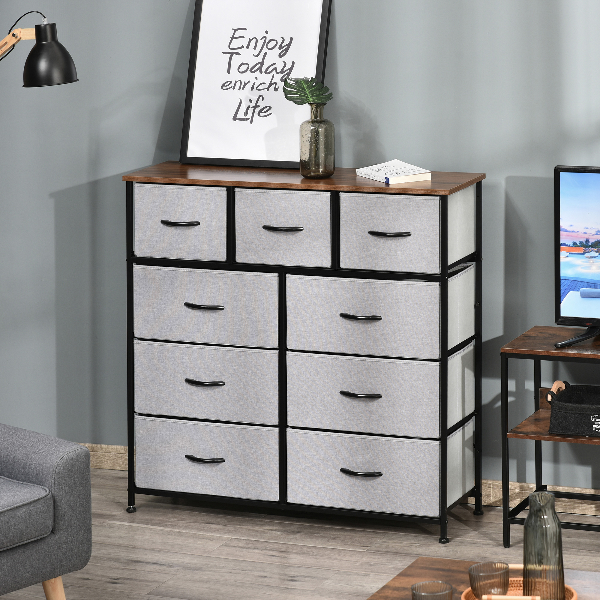 HOMCOM 9-Drawer Storage Dresser: Fabric Bins, Steel Frame & Wood Top for Living Spaces Aosom Canada