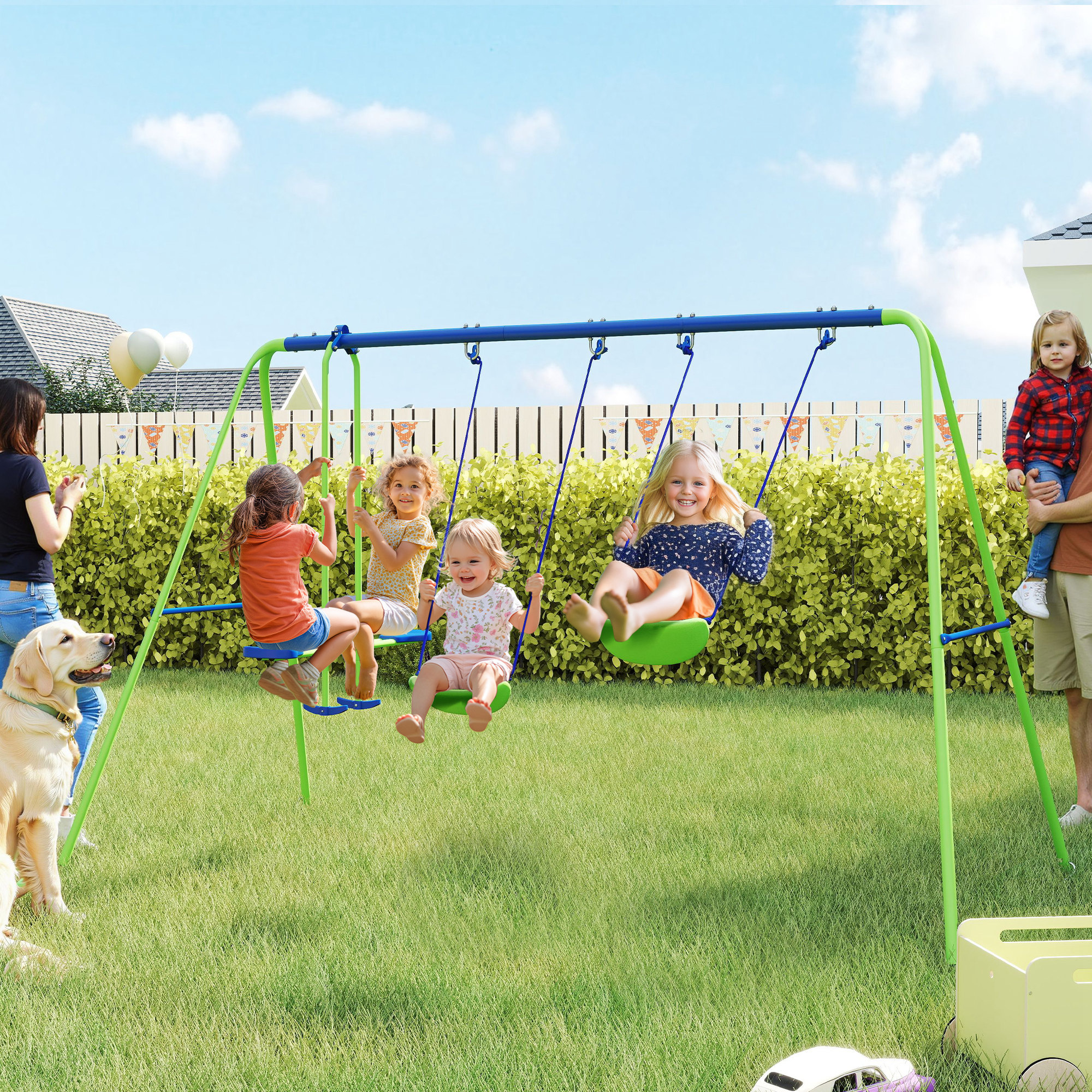 Outsunny Kids Swing Set with Glider & 2 Swings, 2-in-1 Outdoor Backyard Playground Playset for 4 Kids, Heavy Duty Metal Frame Aosom Canada