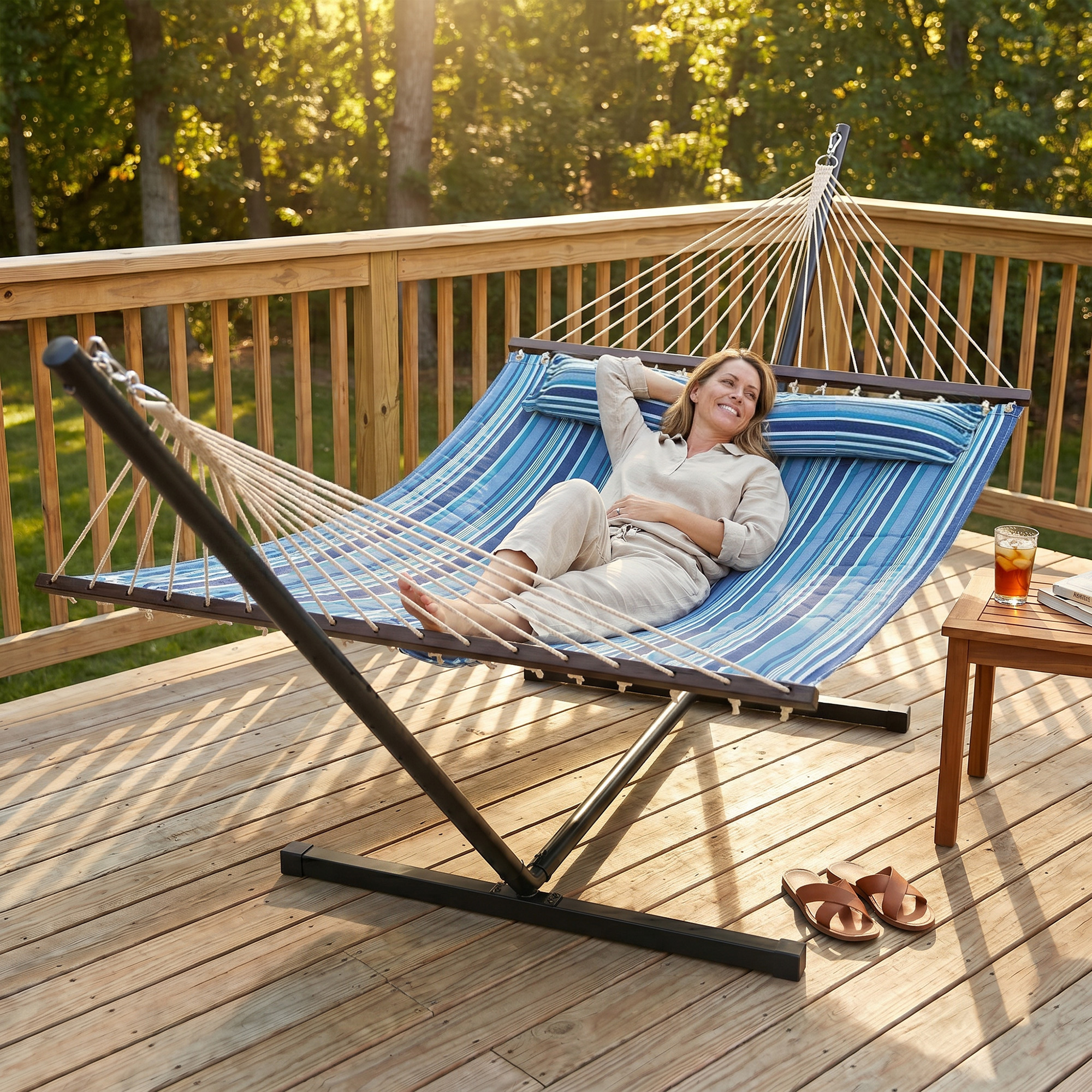 Outsunny Hammock with Stand Heavy Duty Camping Hammock with Steel Frame for Patio Backyard Blue and White Aosom Canada
