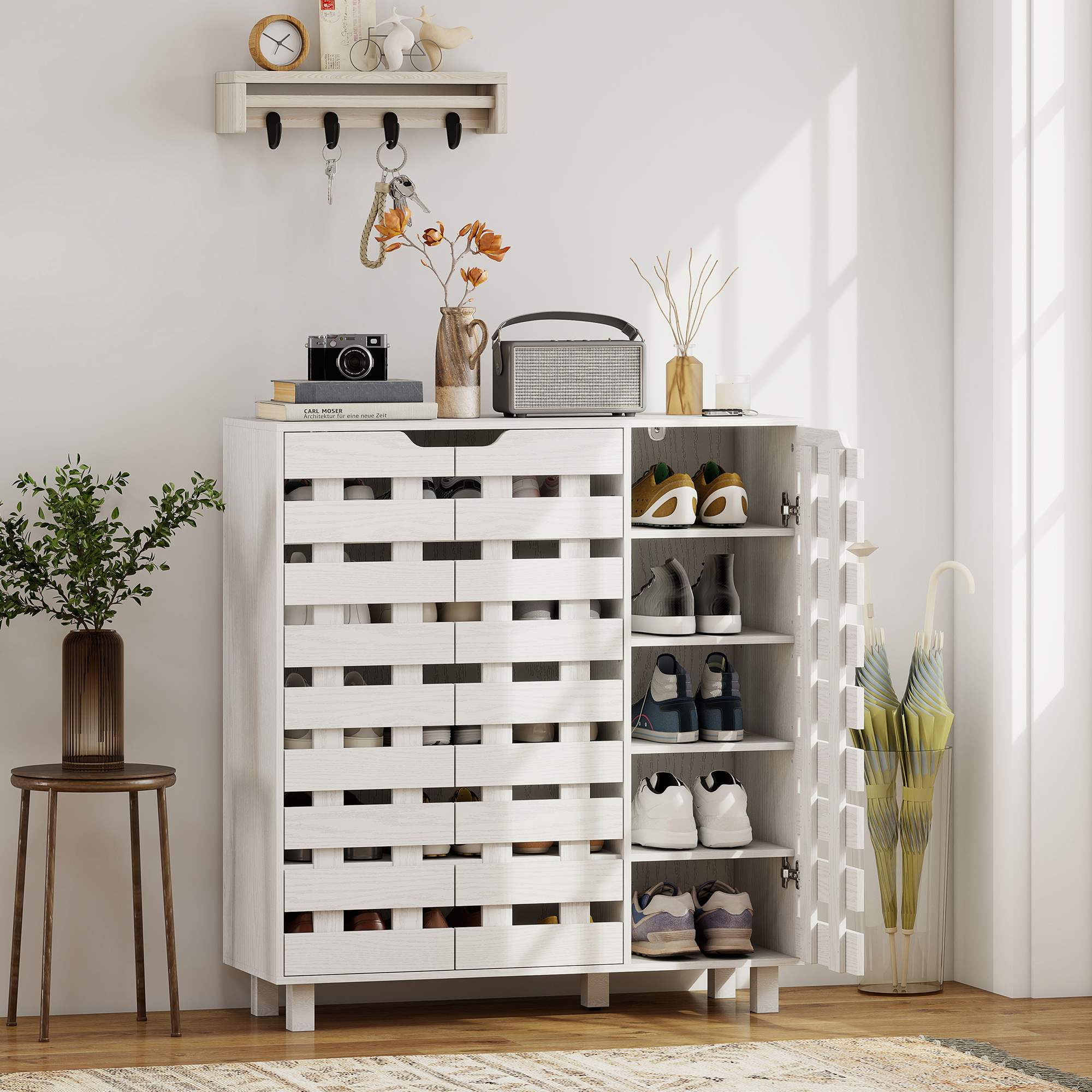 HOMCOM Shoe Cabinet, 21 Pair Shoe Storage Cabinet with Hollowed-Out Doors, White Aosom Canada