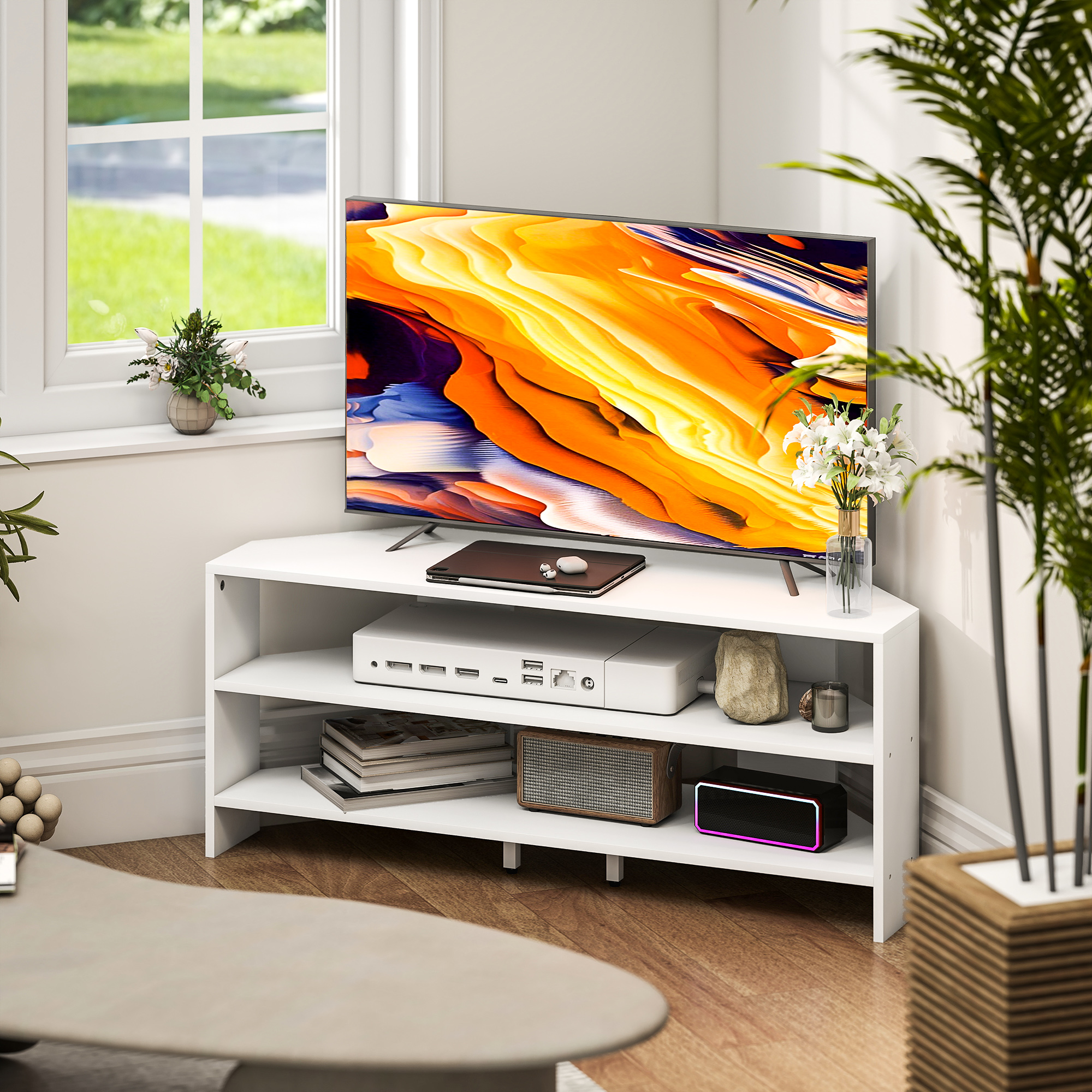 HOMCOM Corner TV Stand, Modern TV Table for 47" TVs with 2 Open Shelves, Entertainment Center for Living Room, White Aosom Canada