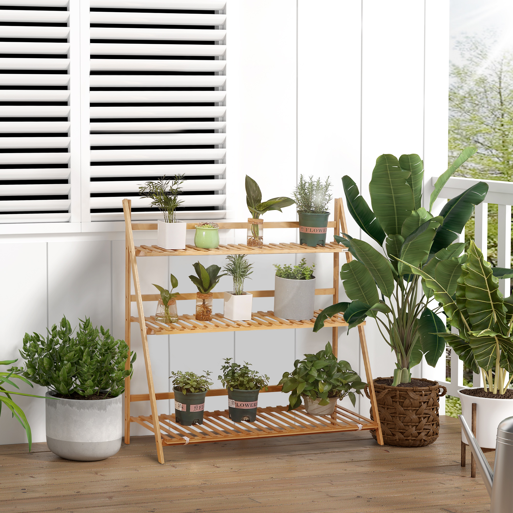 Outsunny 3-Tier Plant Stand, Plant Shelf Rack, Folding Bamboo Display Stand, 98x37x96.5cm, Natural Aosom Canada