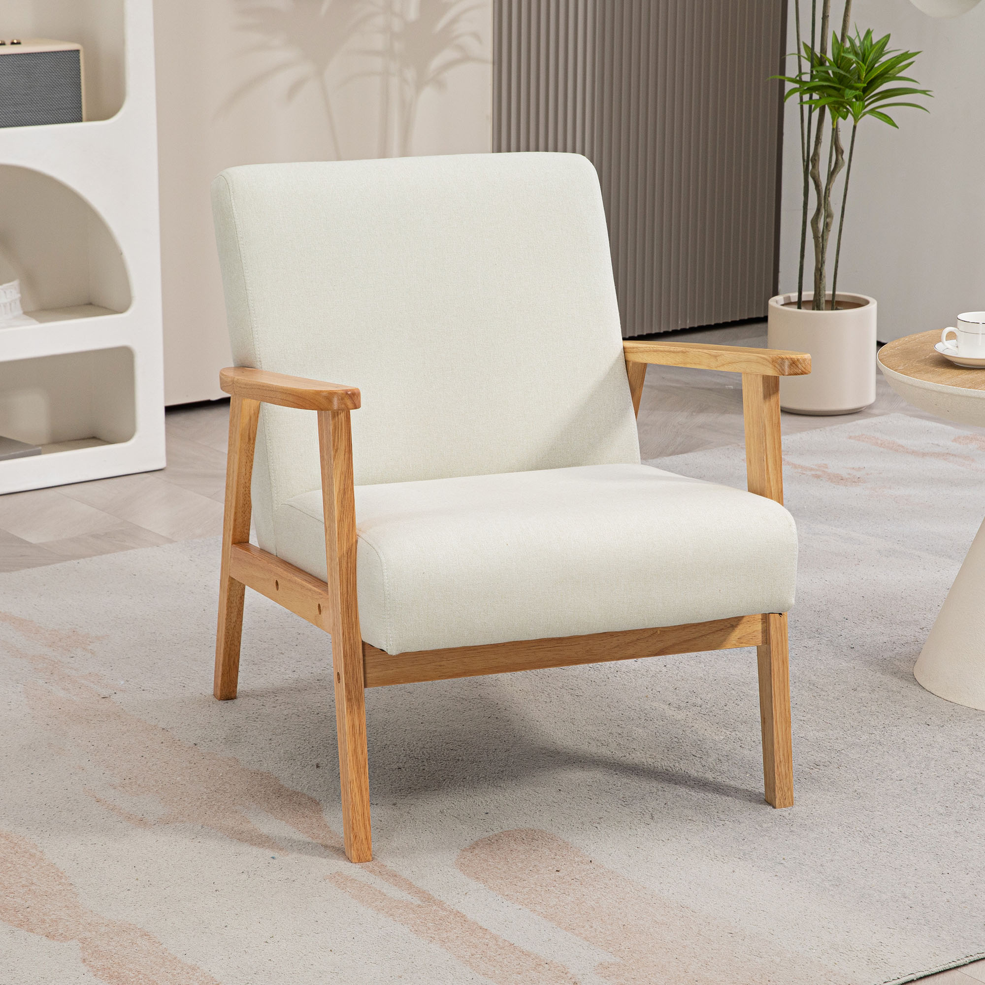 HOMCOM Mid-Century Modern Accent Chair Retro Fabric Armchair Wooden Arm Upholstered Lounge Chair for Living Room Cream White Aosom Canada